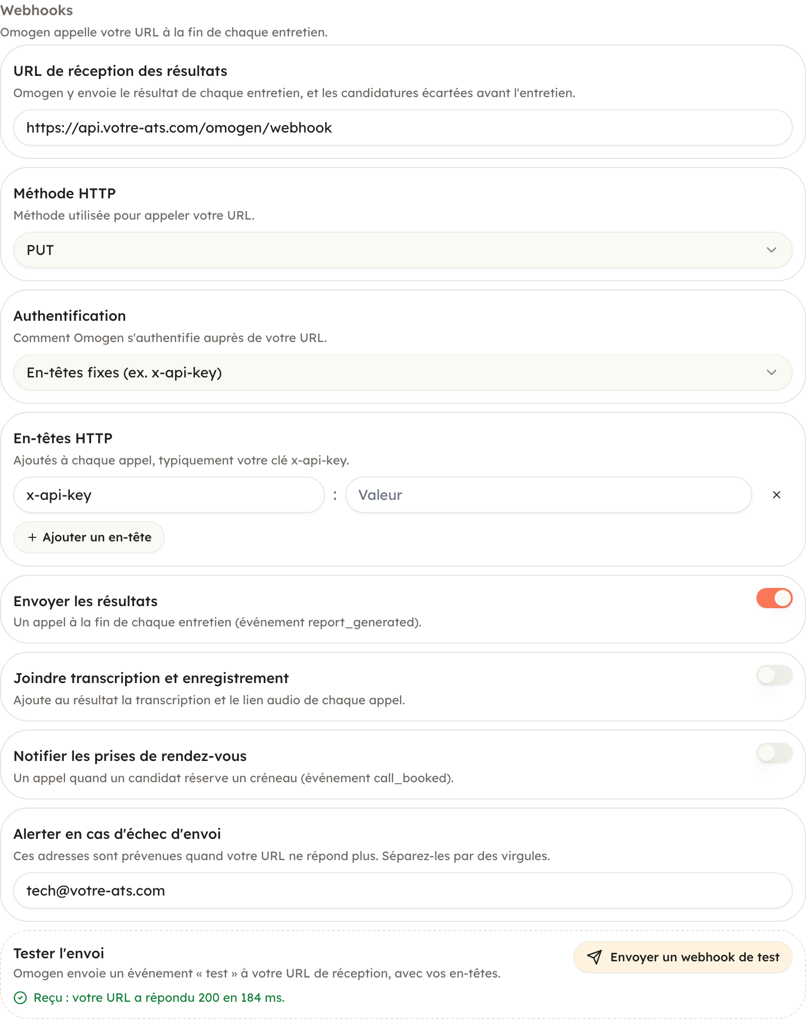 Section Webhooks et test d'envoi