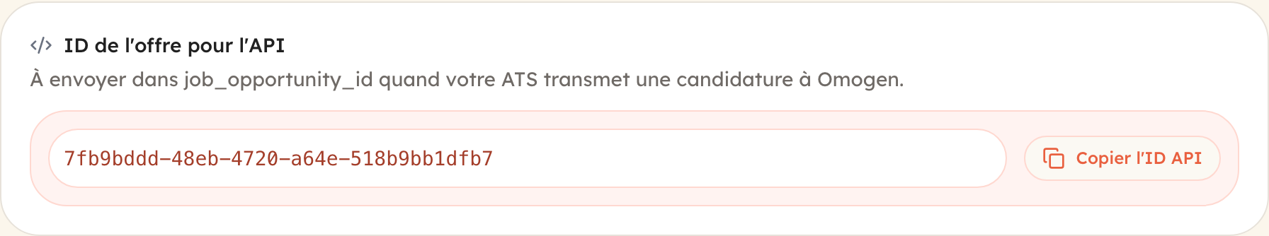 ID API dans les paramètres de l'offre