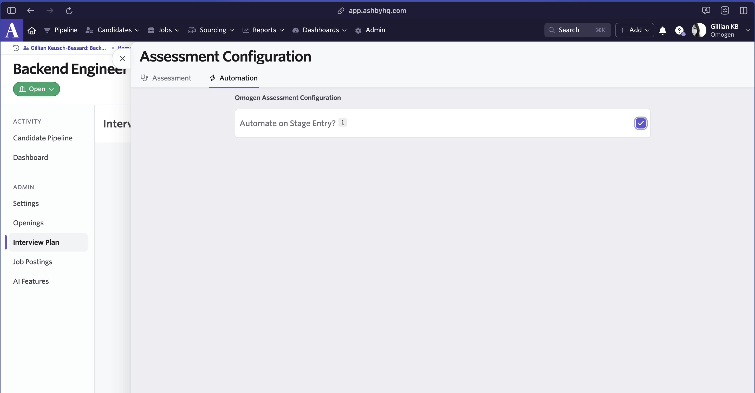 Omogen Ashby automate stage entry