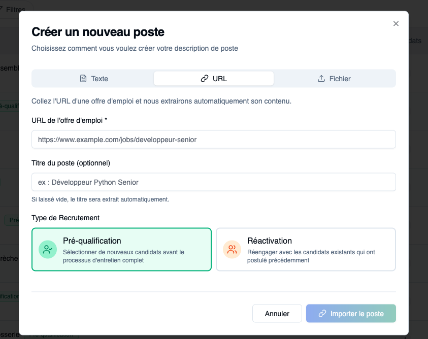 Champ URL d'offre d'emploi