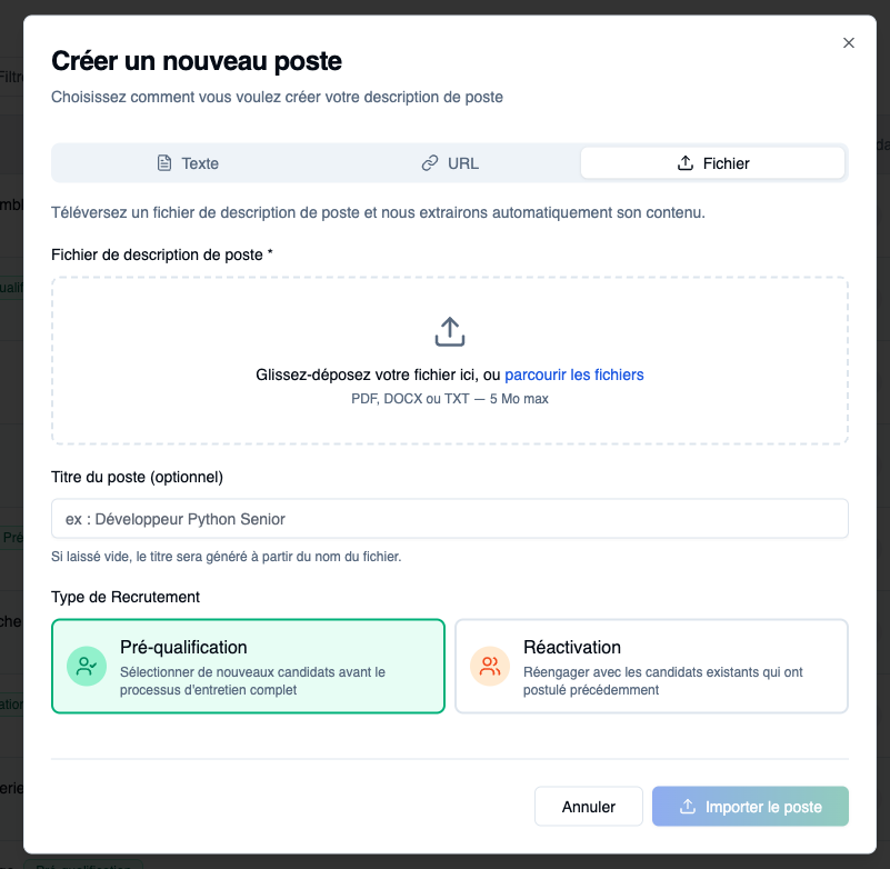 Import fichier description de poste