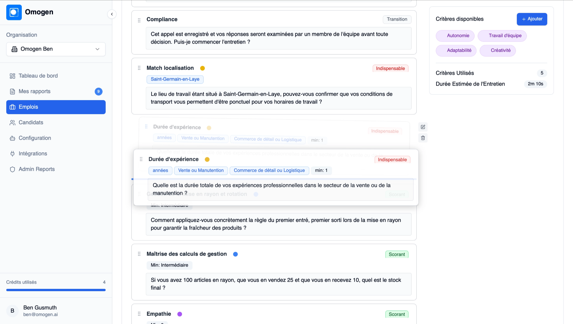 Glisser-déposer une question dans la trame