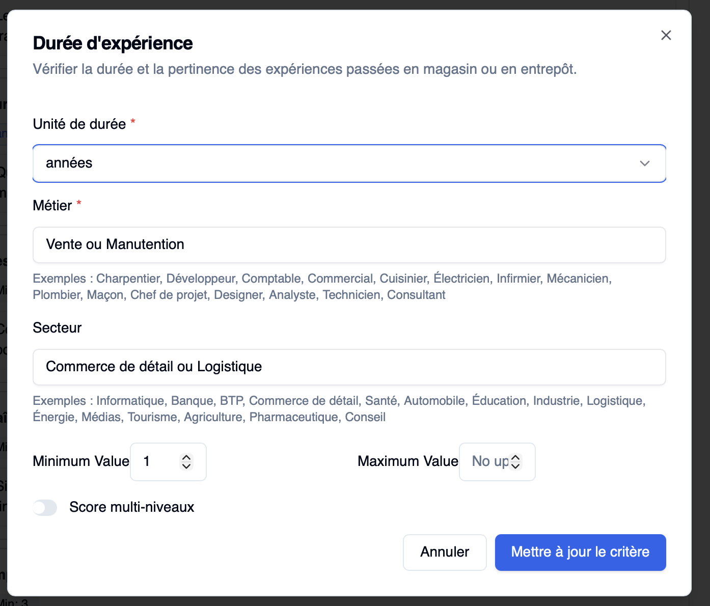Données d'évaluation modifiables