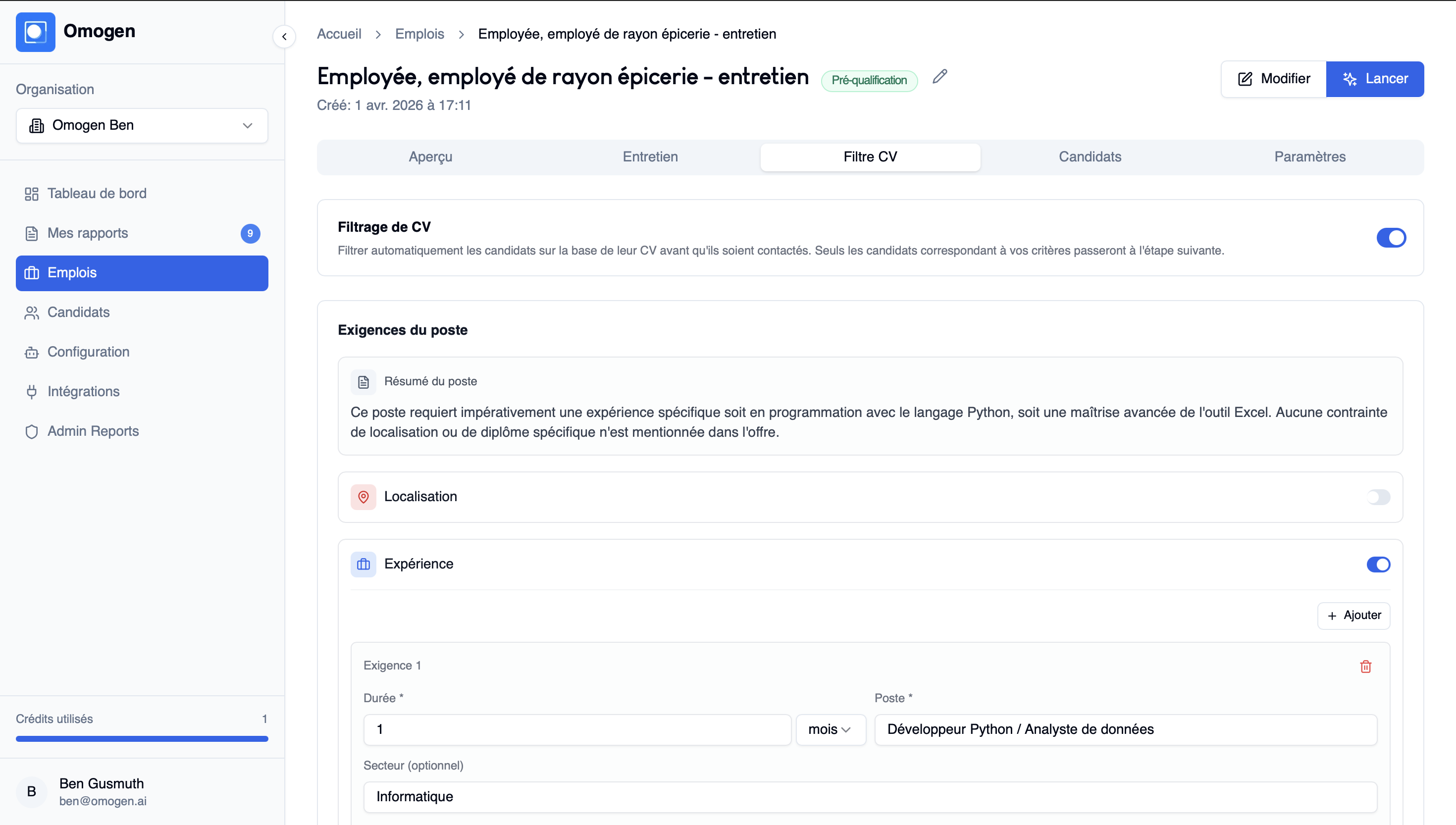 Modifier les filtres CV