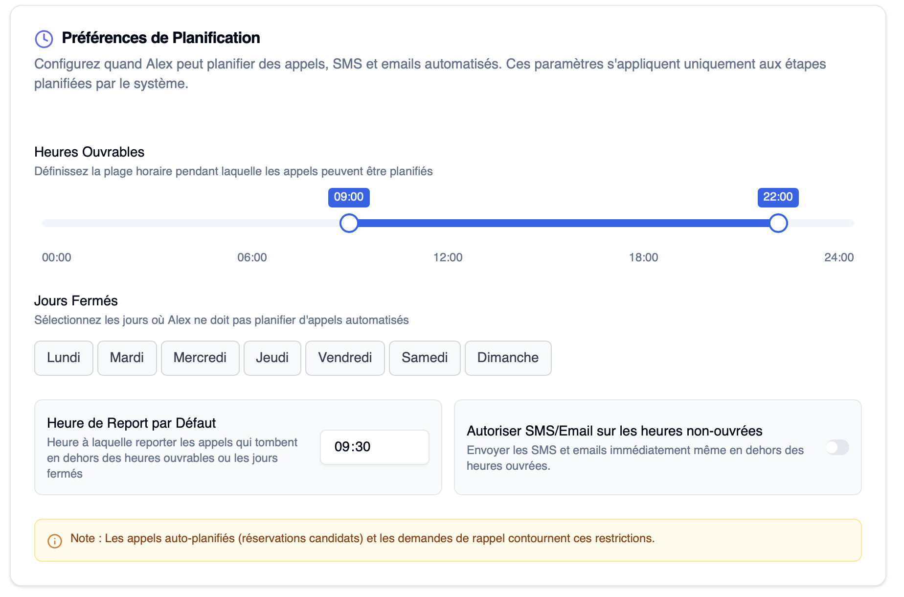 Préférences de planification - heures