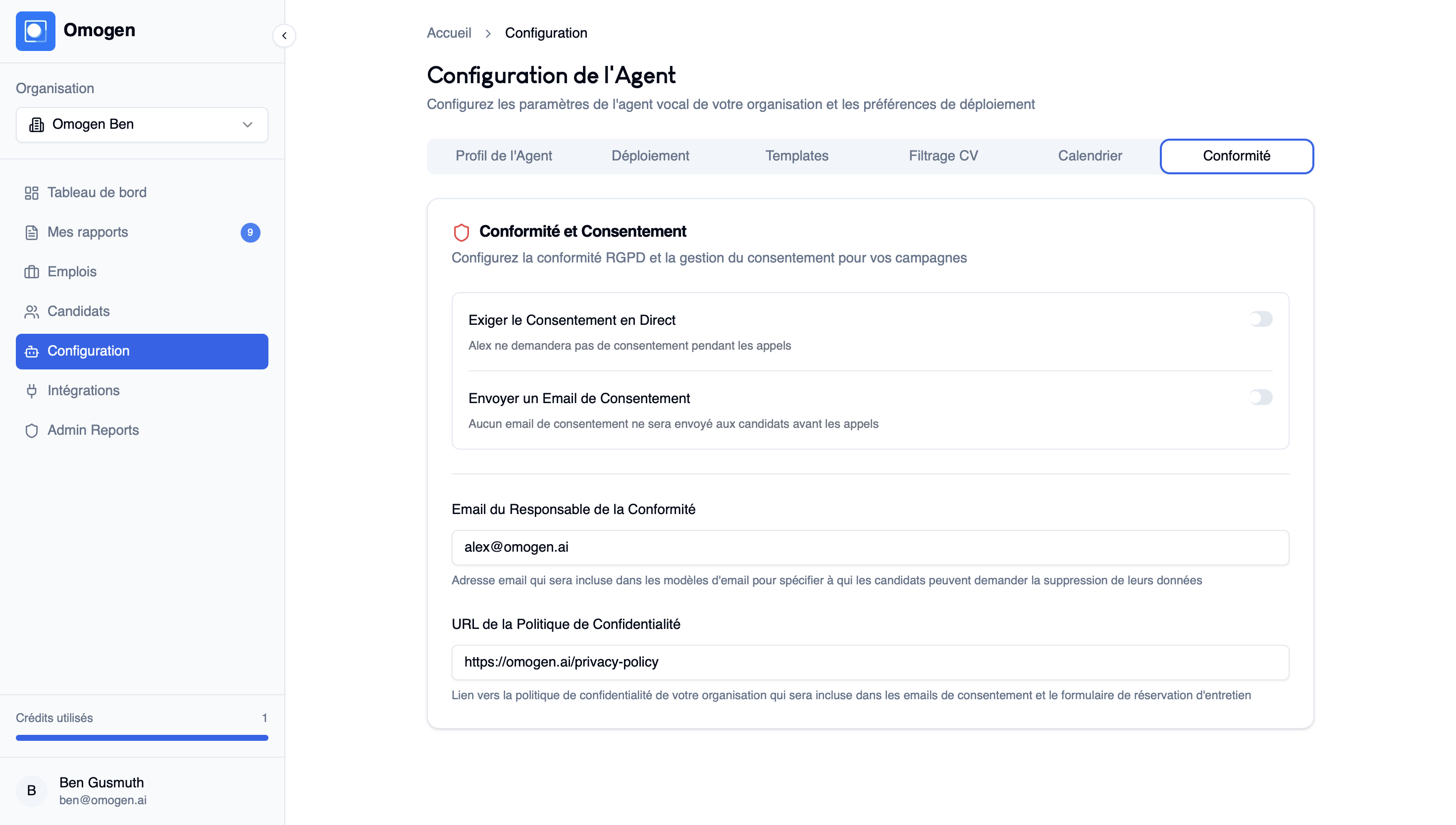 Consentement - Configuration conformité
