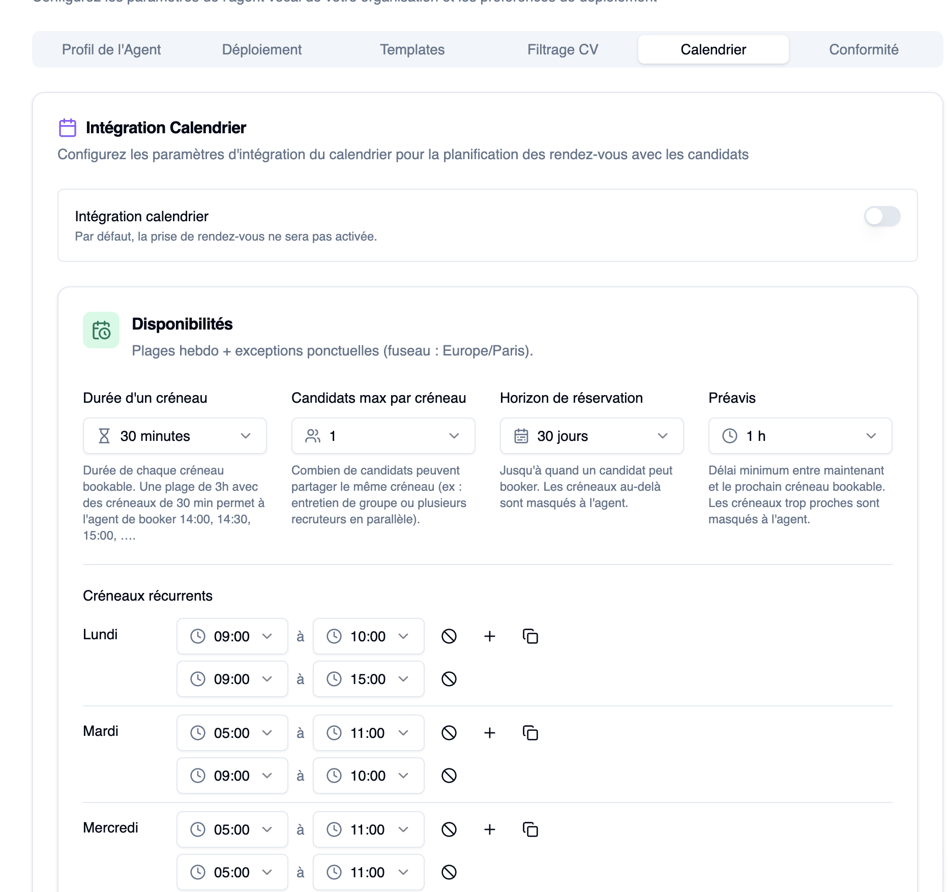 Calendrier Omogen — définir les disponibilités
