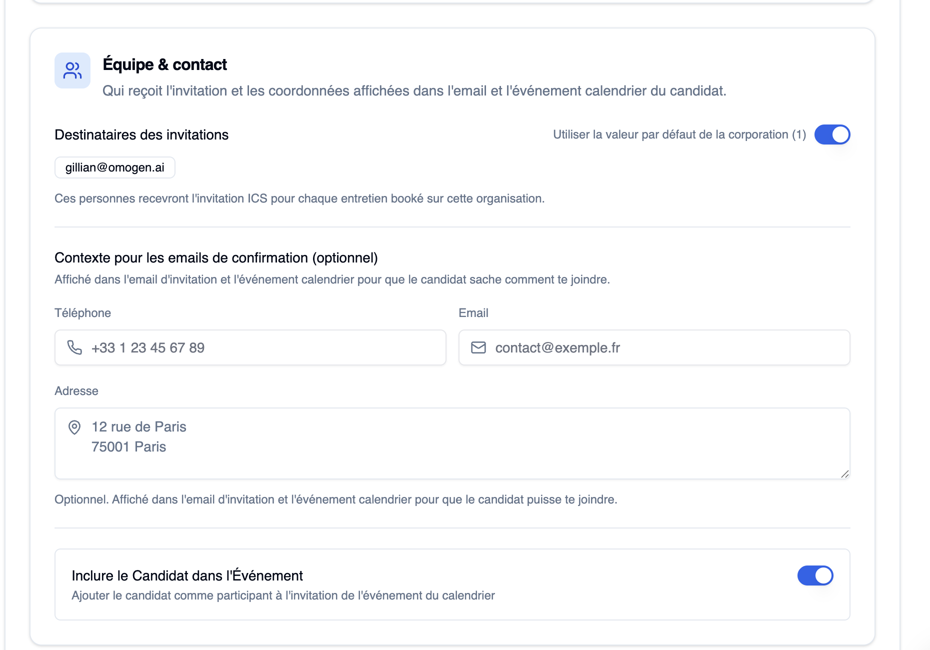 Configuration équipe et contact