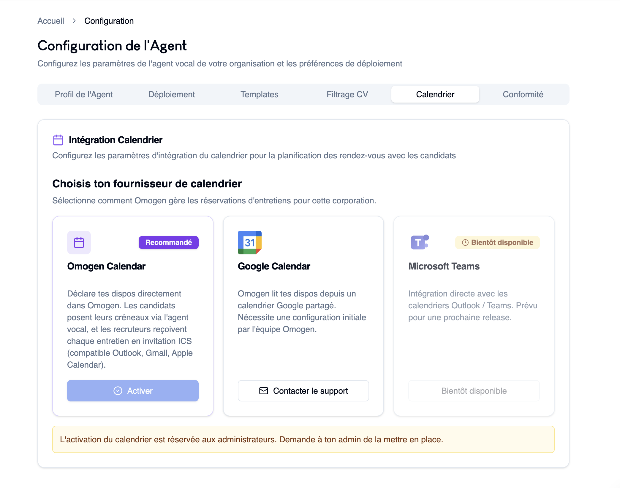 Choix du fournisseur de calendrier dans Omogen