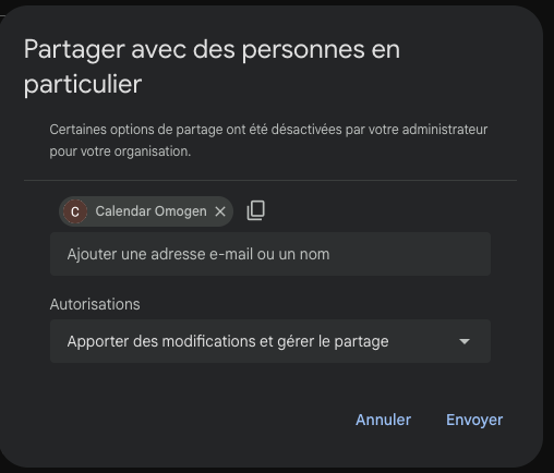 Partager l'agenda en écriture avec calendar@omogen.ai