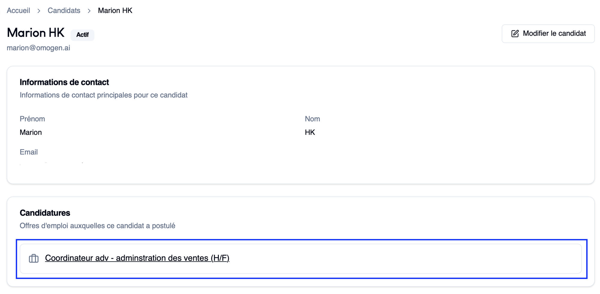 Fiche candidat — section Candidatures avec lien vers l'offre