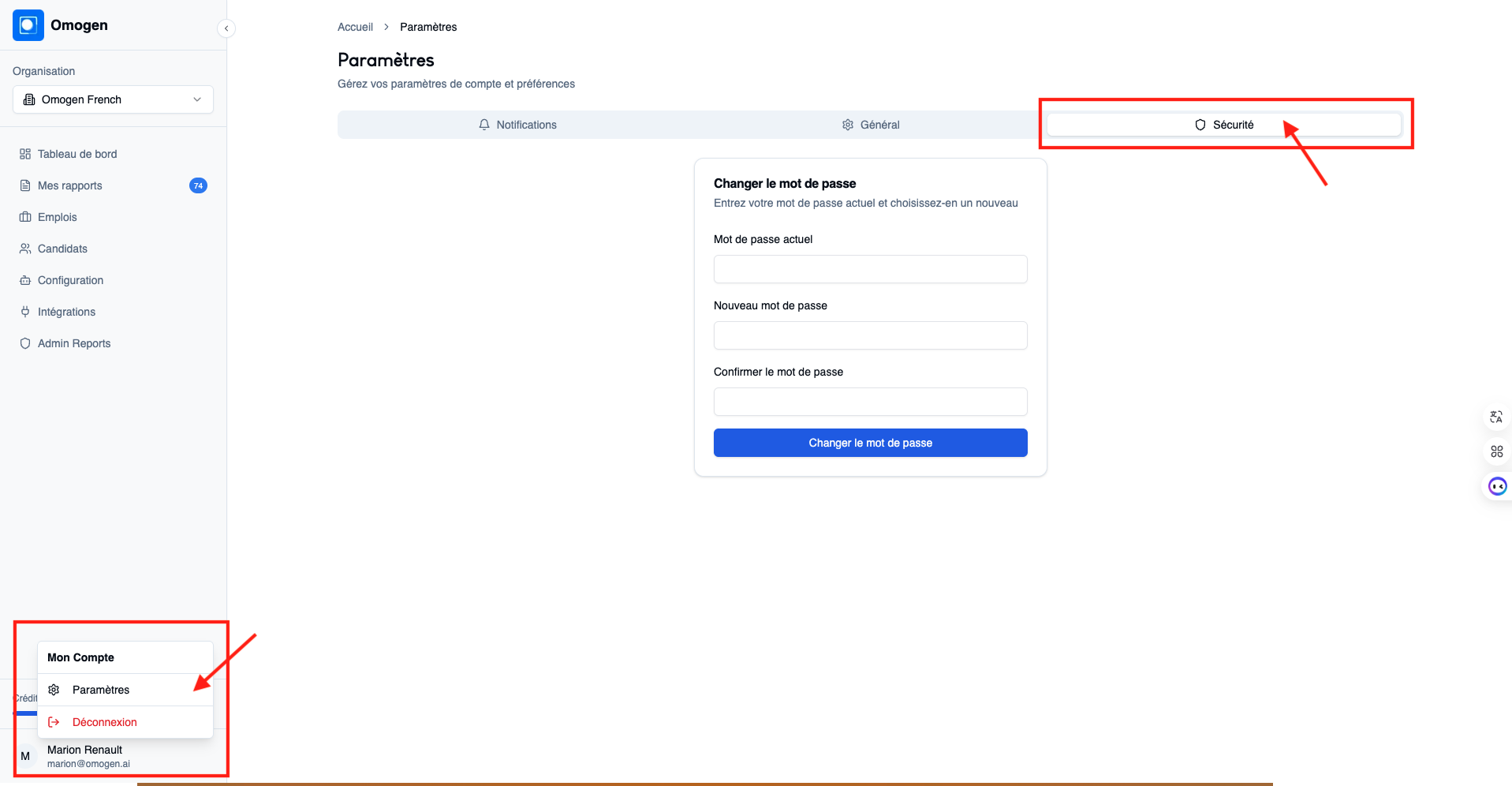 Onglet Sécurité dans les Paramètres