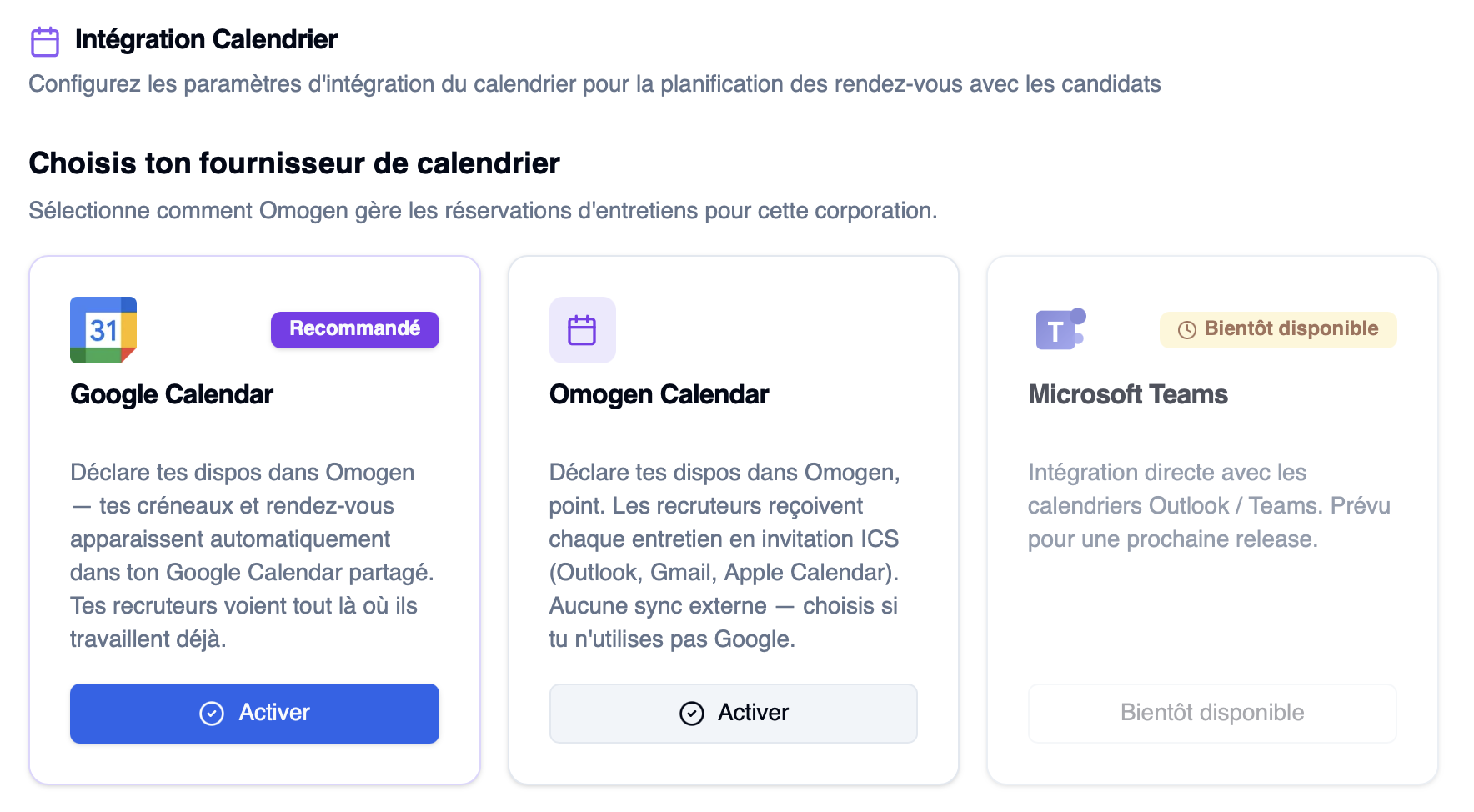 Intégration Calendrier — choix du fournisseur (Google Calendar, Omogen Calendar, Microsoft Teams)