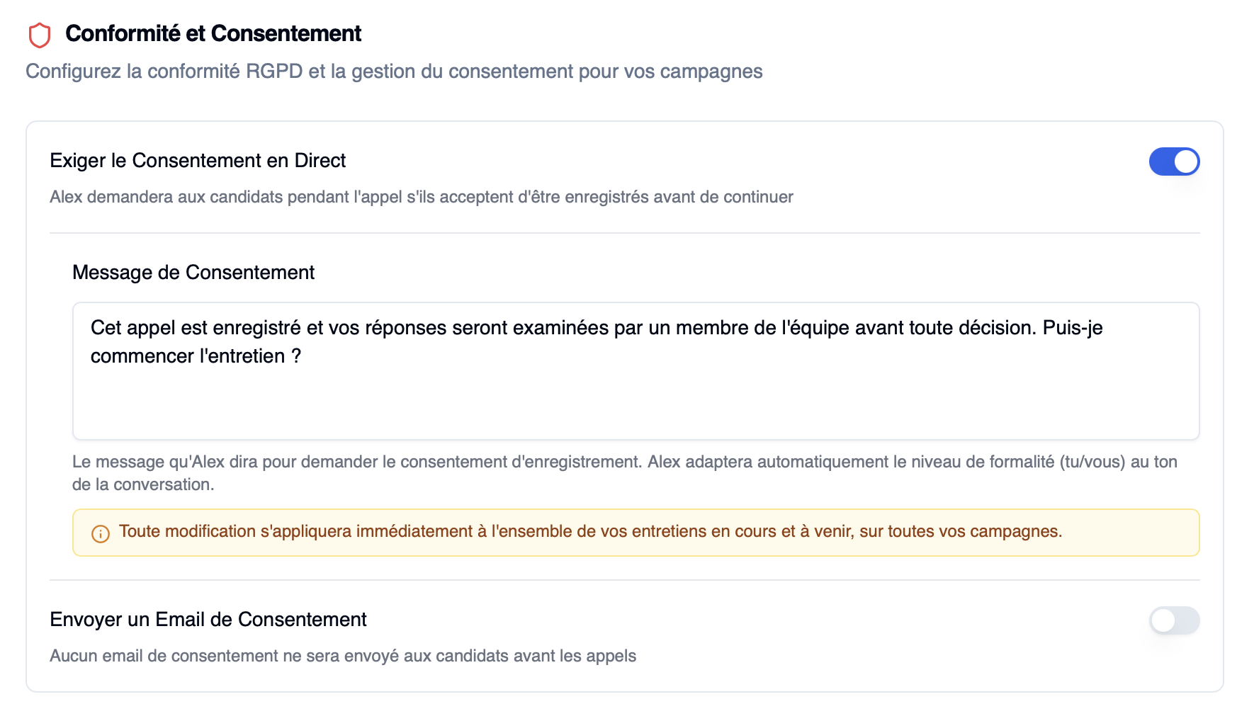 Conformité et Consentement — consentement en direct et message personnalisable