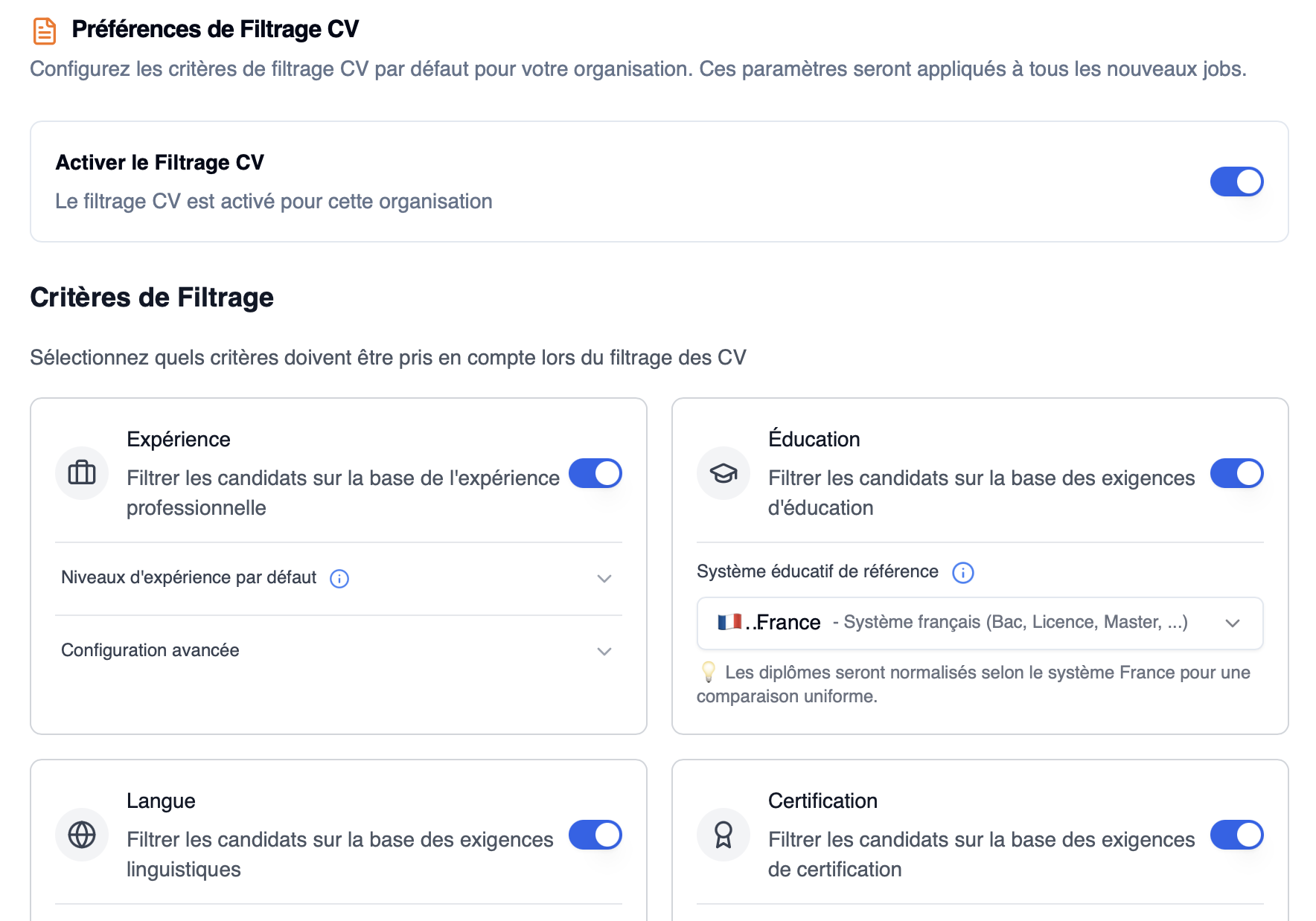 Préférences de filtrage CV — activation globale et critères