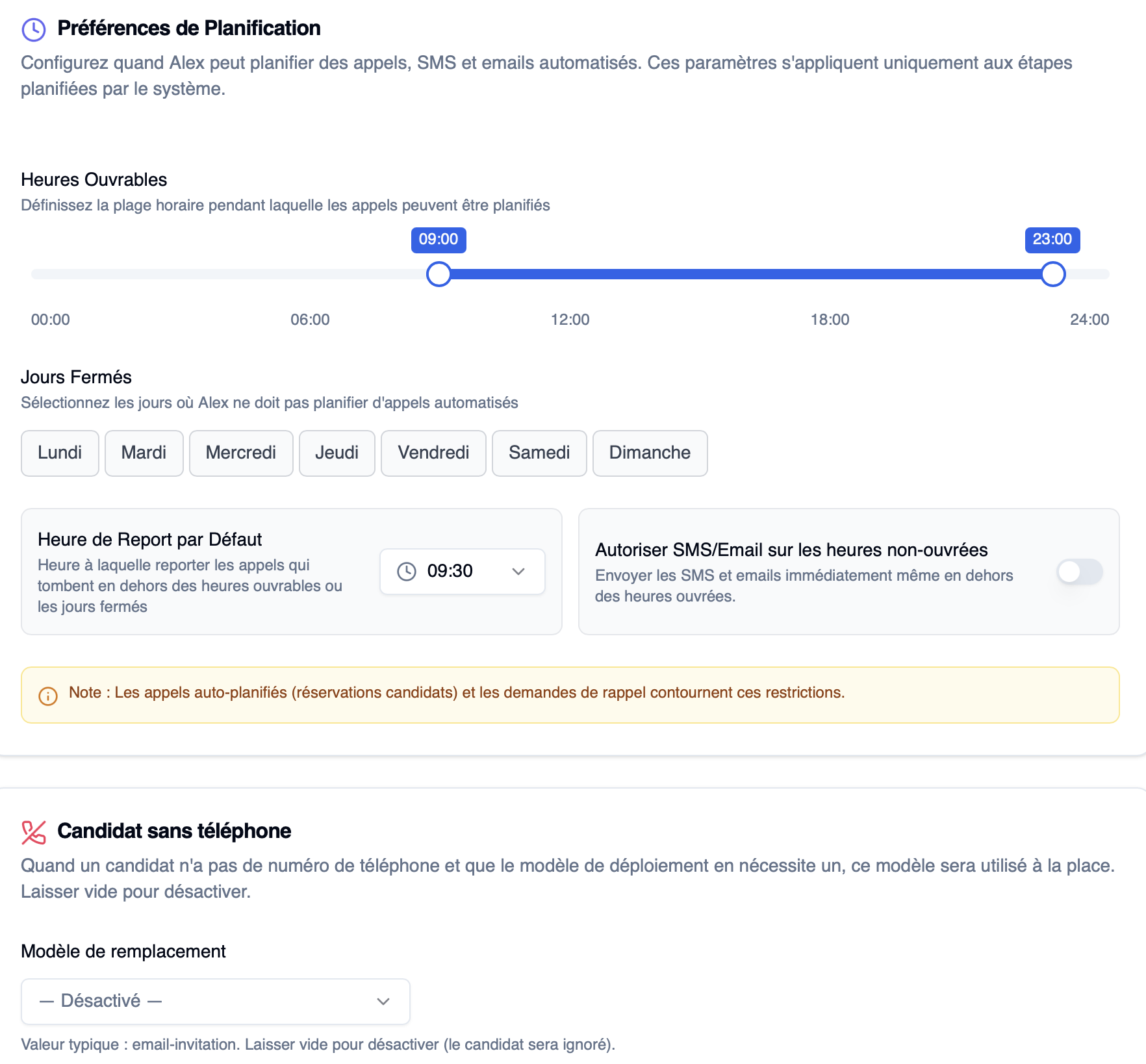 Préférences de planification — heures ouvrables, jours fermés, heure de report