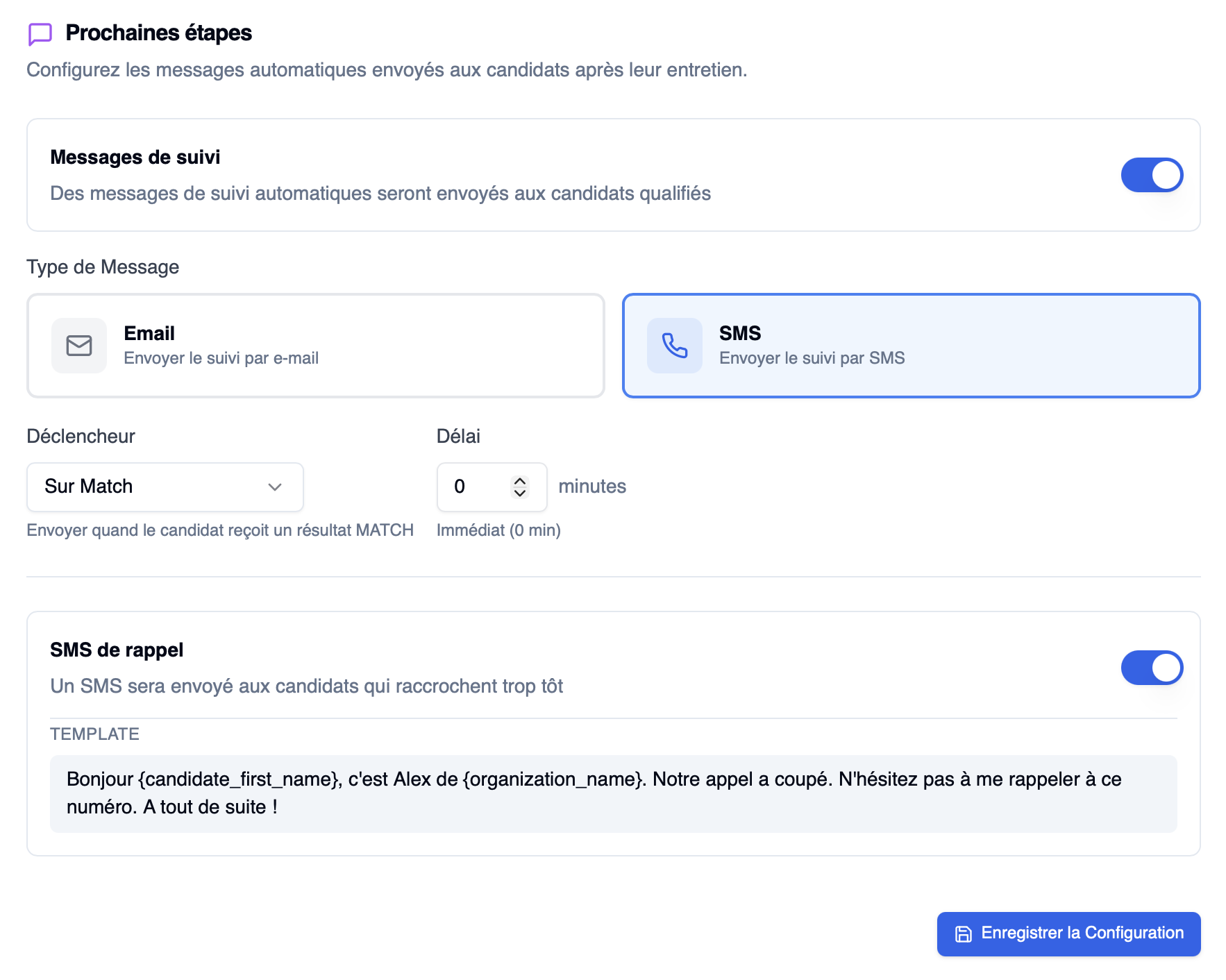 Prochaines étapes — messages de suivi et SMS de rappel