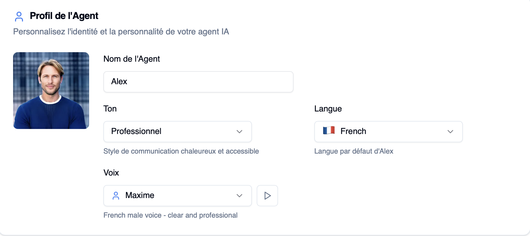 Profil de l'agent — identité (nom, ton, langue, voix)