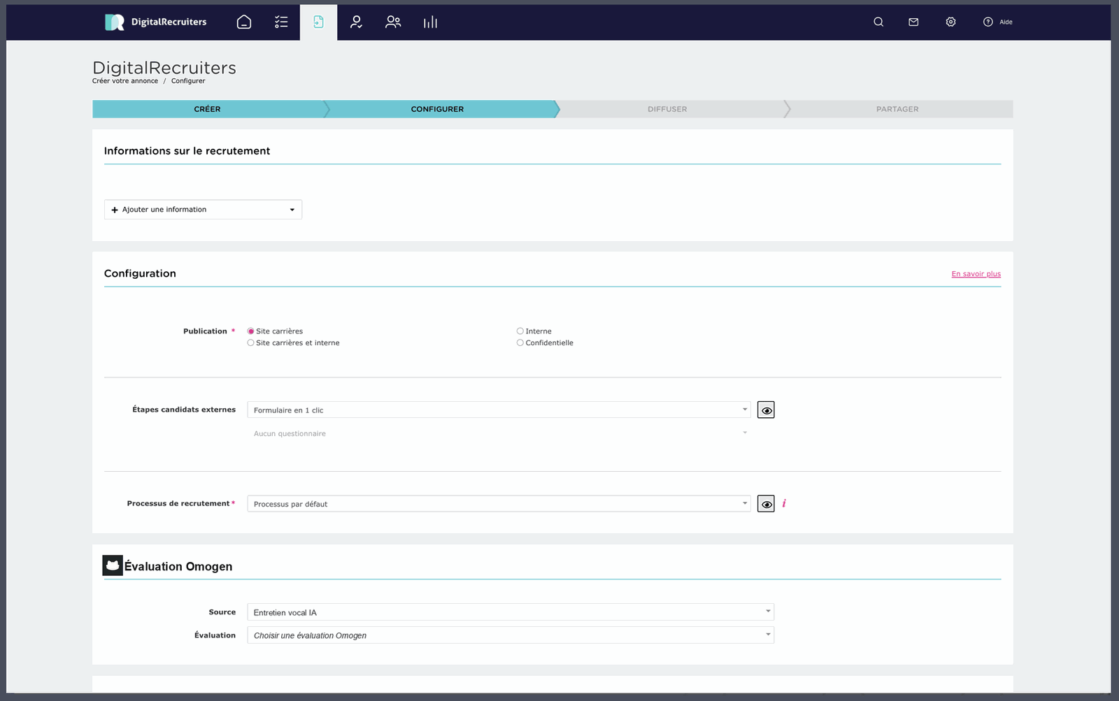 Configuration d'une offre avec le bloc Évaluation Omogen