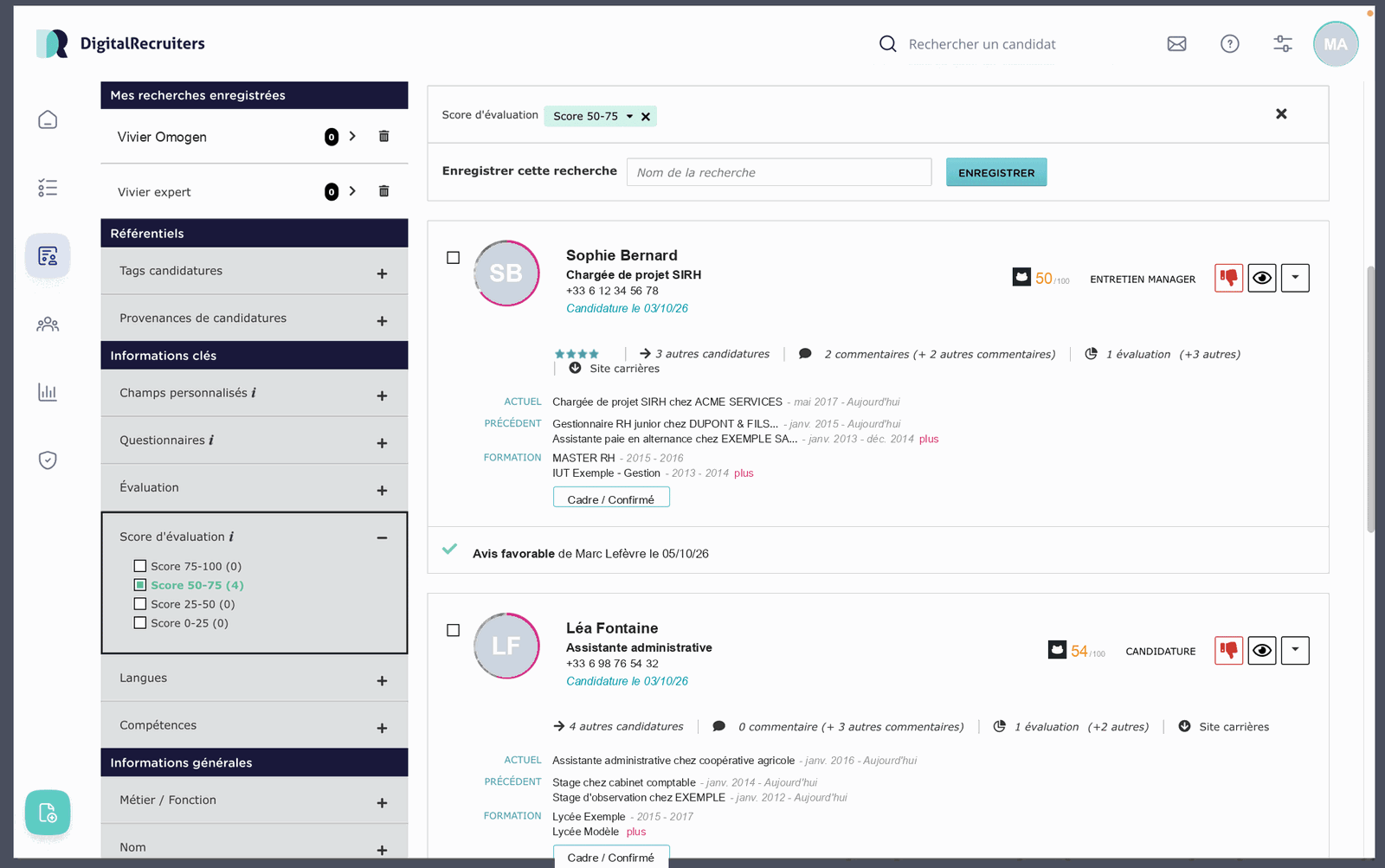 Filtre par score d'évaluation Omogen dans la liste des candidatures