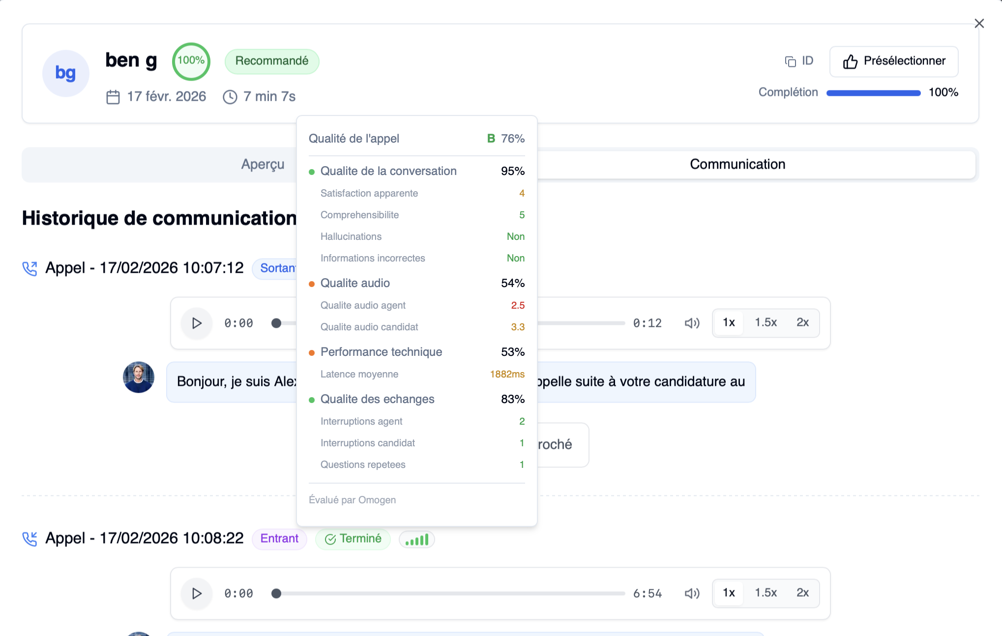 Indicateur de qualité des appels Omogen