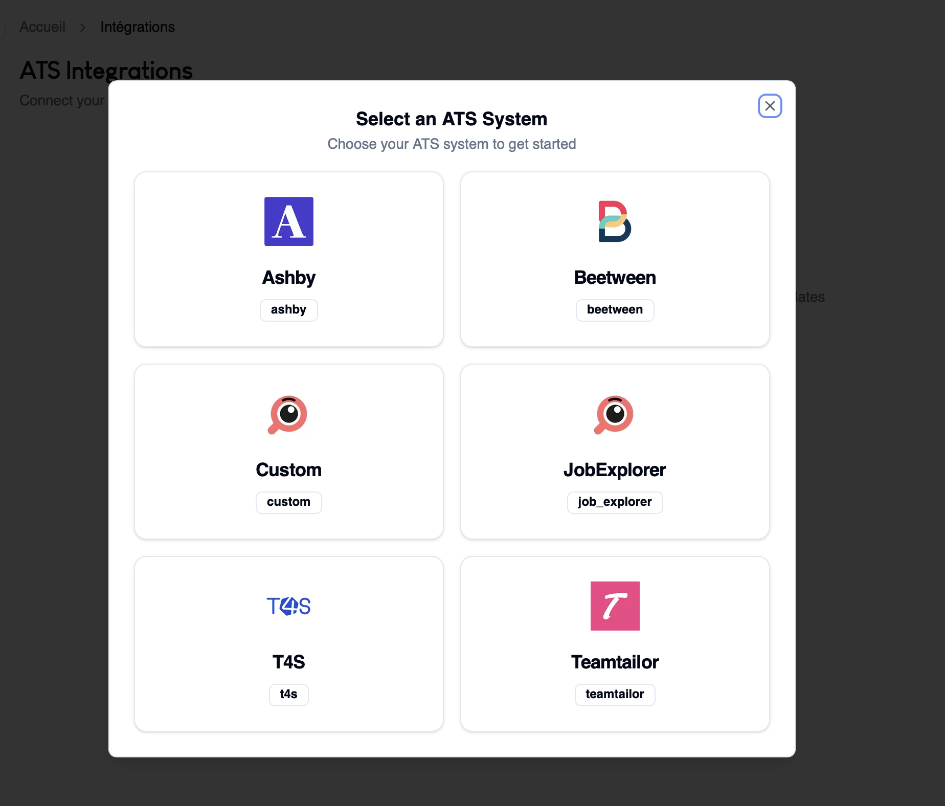 Sélectionner un ATS à connecter