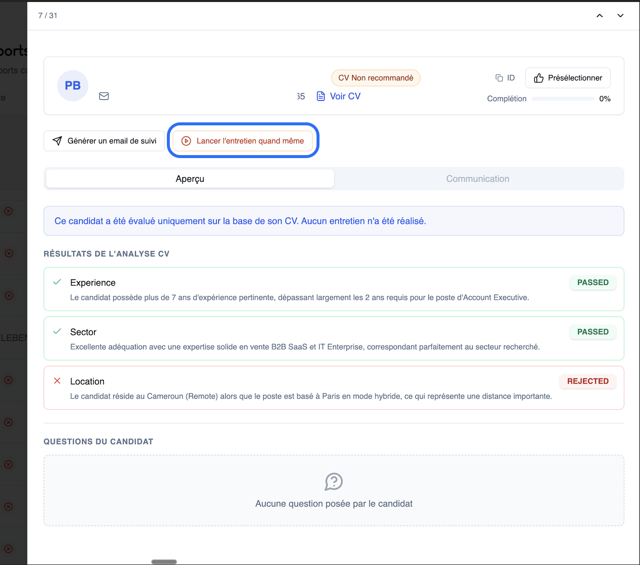 Lanzar la entrevista a pesar de un CV no match
