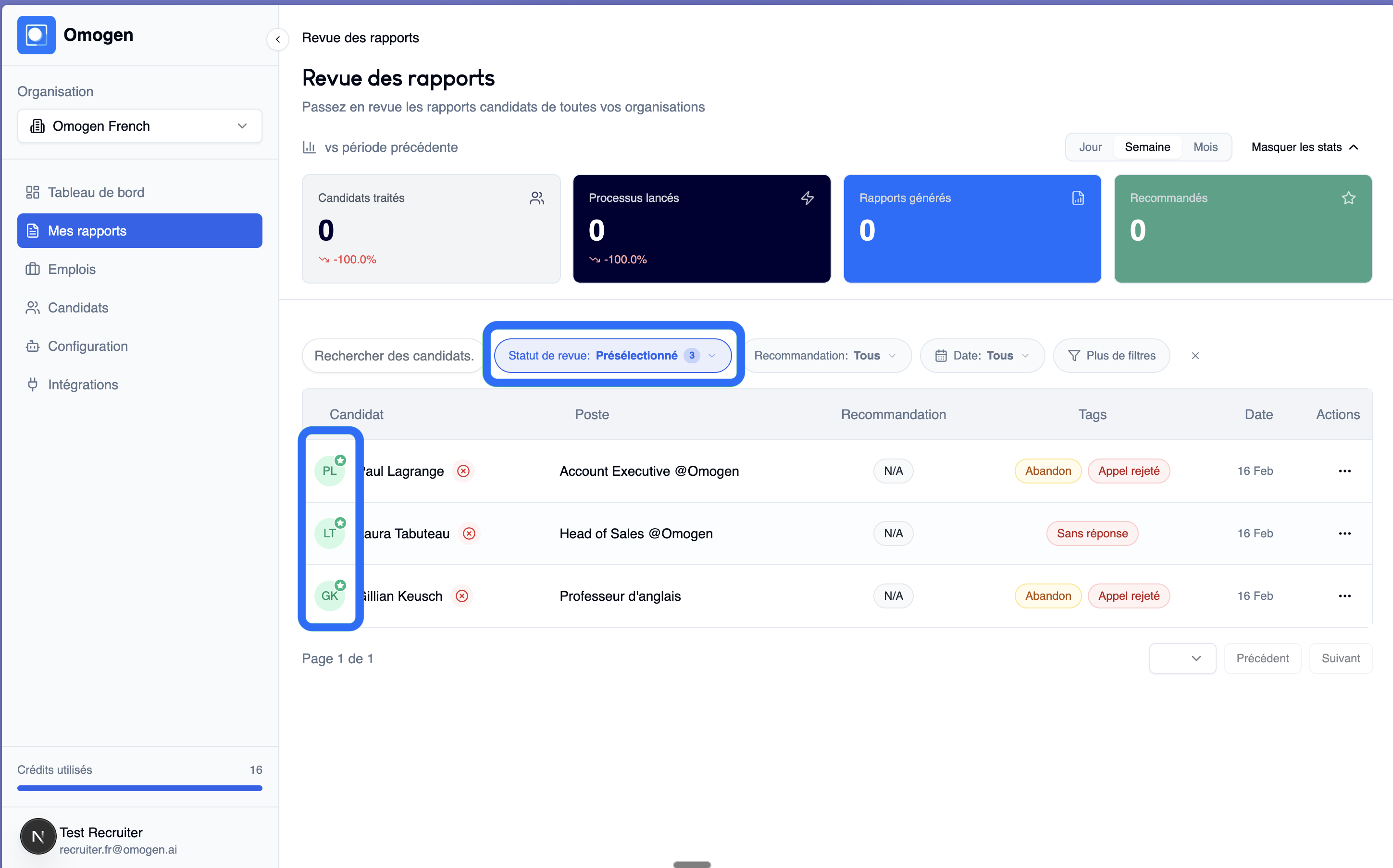 Présélection des candidats dans Omogen