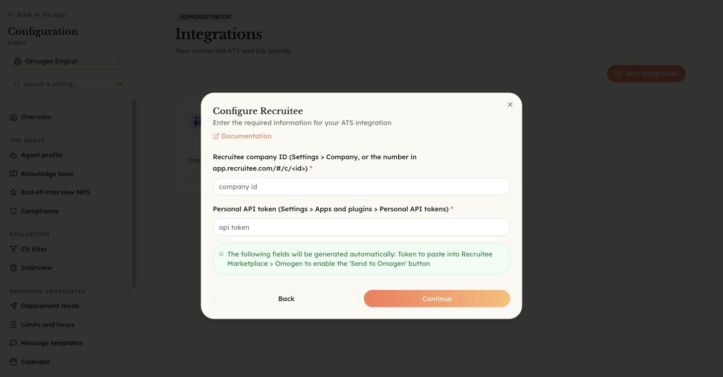 Omogen, formulaire Configure Recruitee