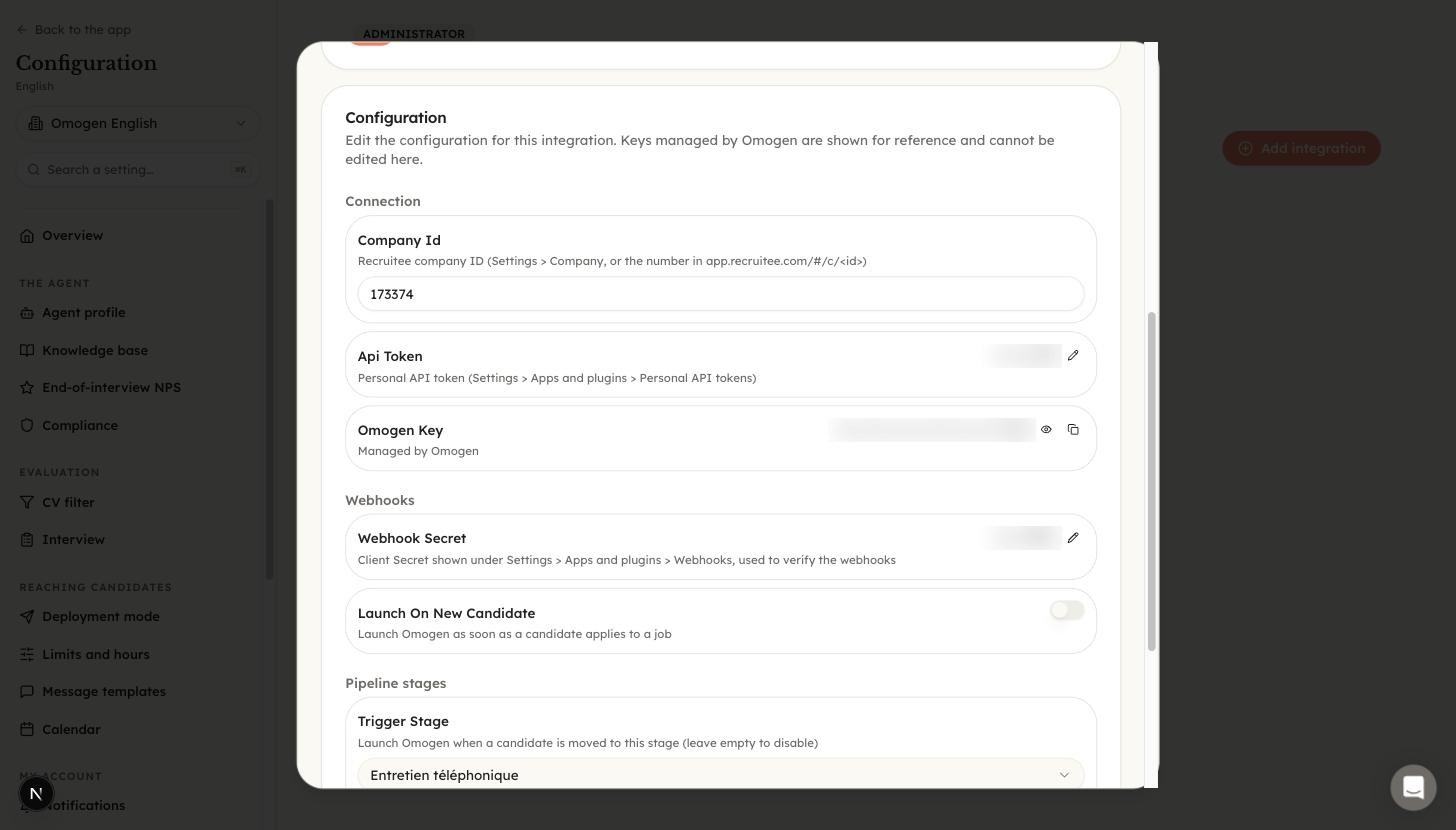 Omogen, intégration Recruitee, section Connection avec la Omogen Key