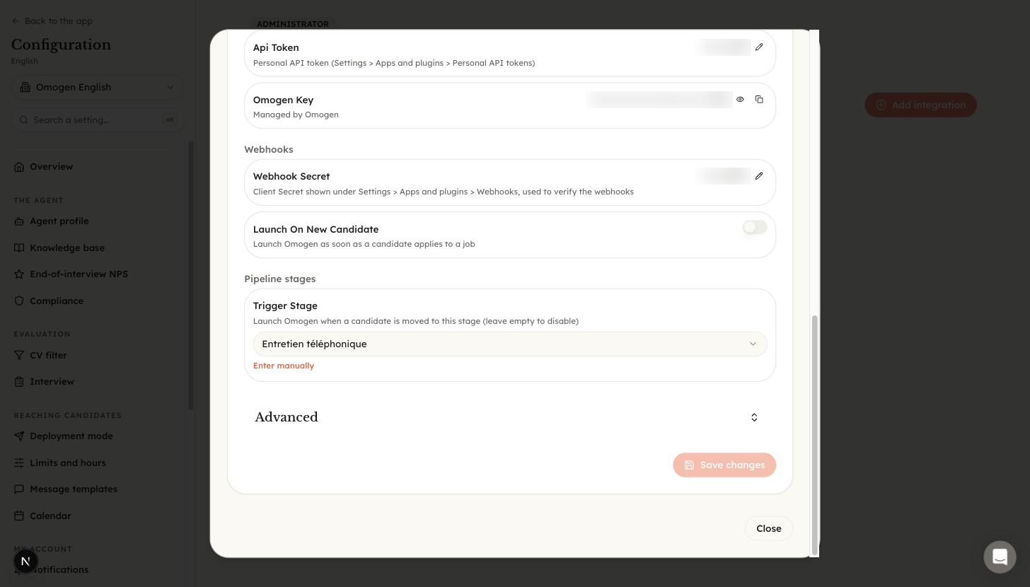 Omogen, intégration Recruitee, réglages Webhooks et Trigger Stage