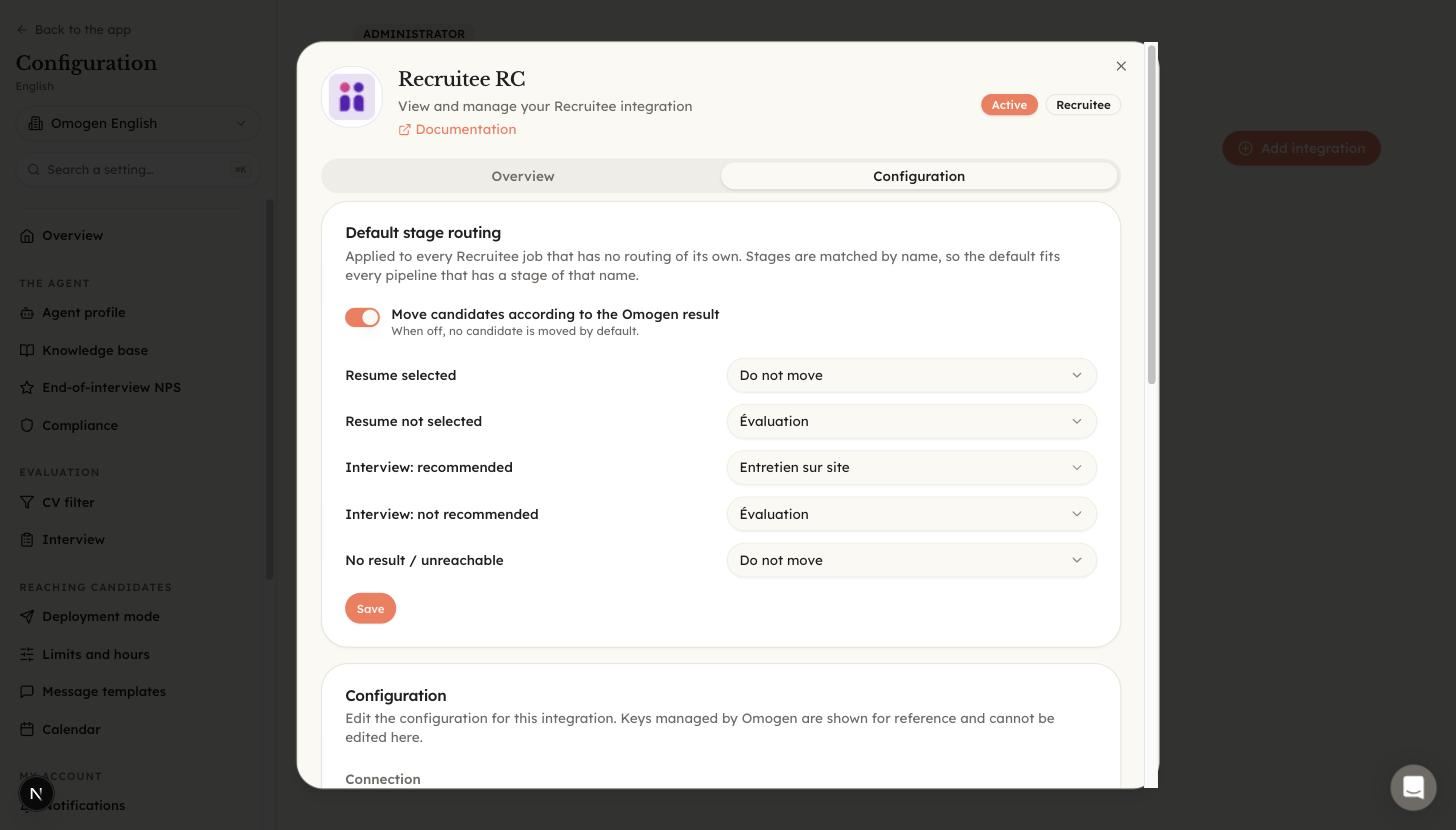 Omogen, routage par défaut des étapes Recruitee