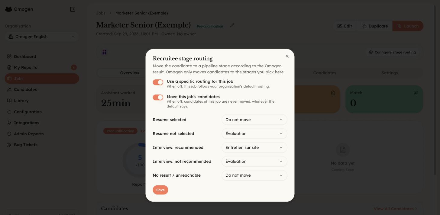 Omogen, routage des étapes pour un poste