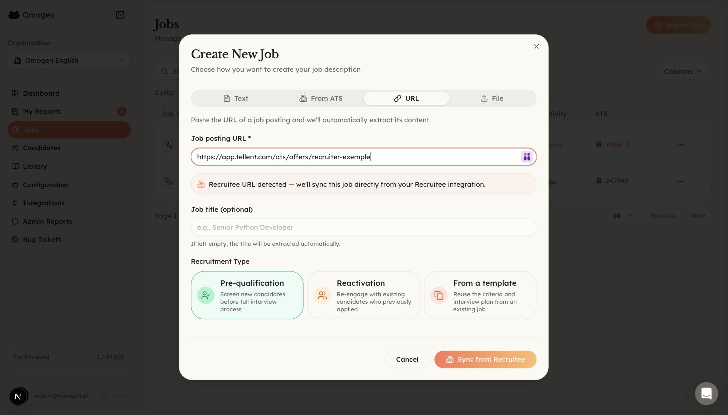Omogen, import d'une offre Recruitee depuis son URL
