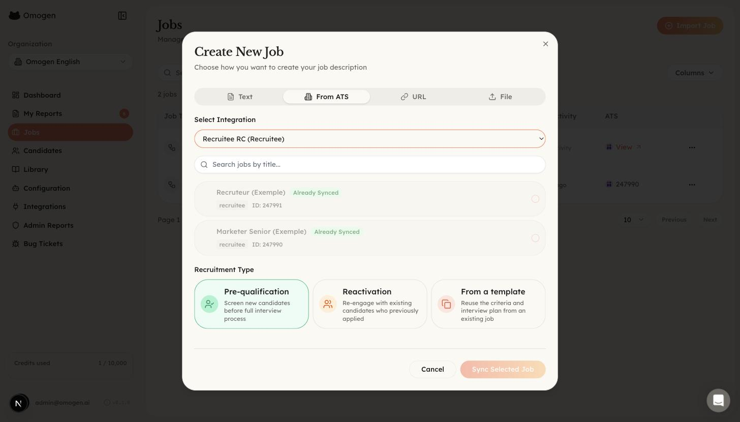 Omogen, import d'une offre Recruitee depuis la liste de l'ATS