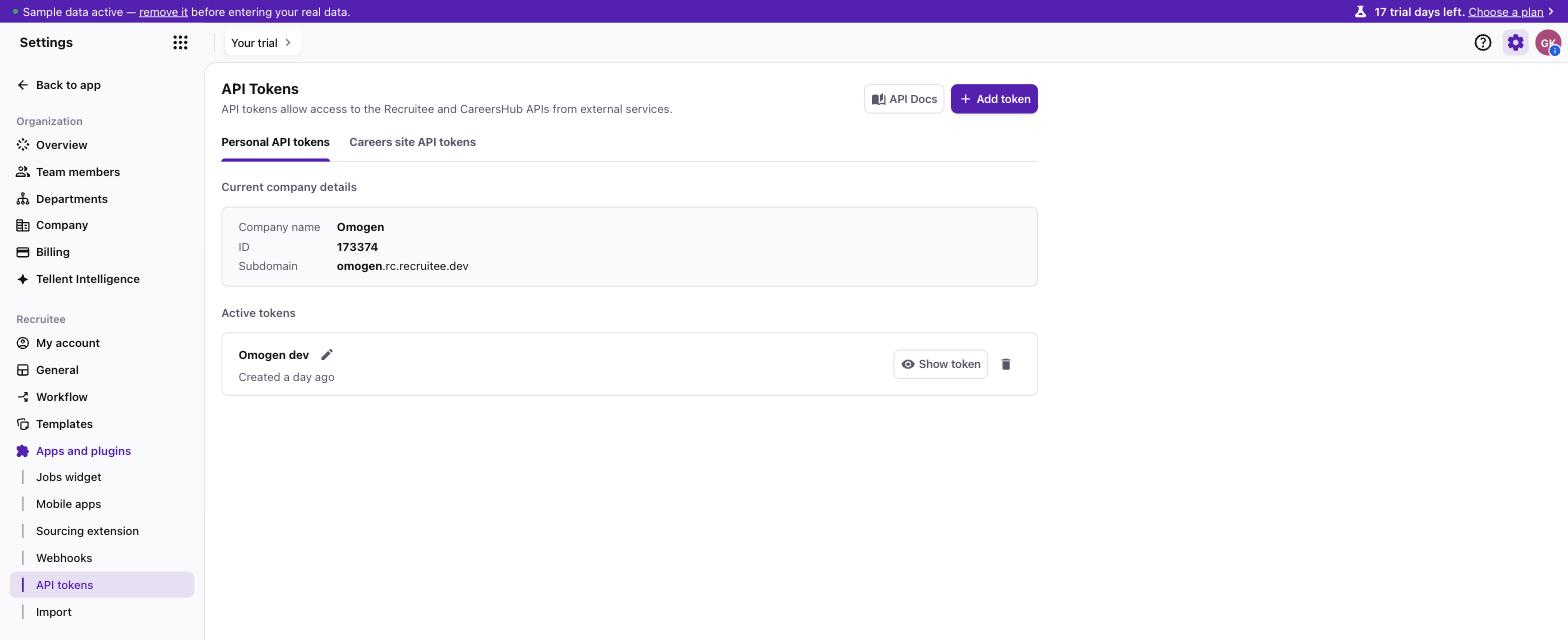 Paramètres Recruitee, page Personal API tokens avec l'identifiant d'entreprise