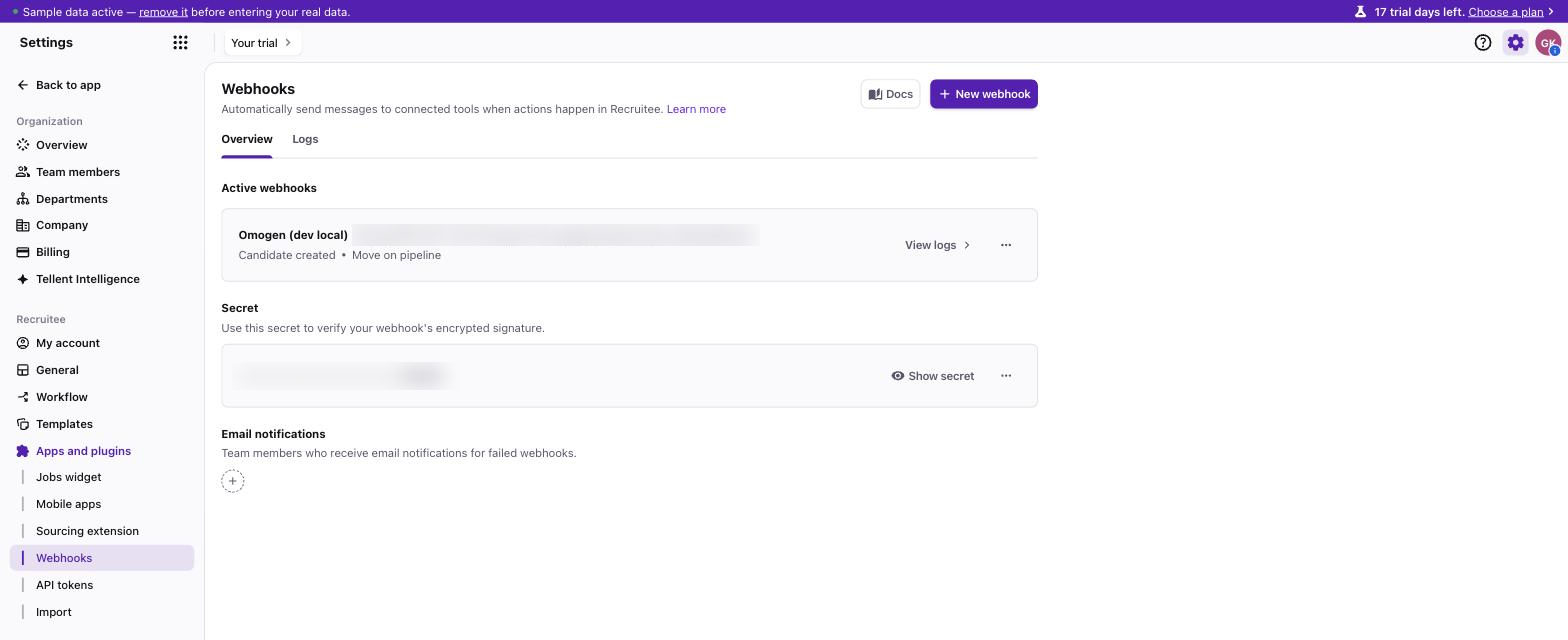 Paramètres Recruitee, page Webhooks avec le secret