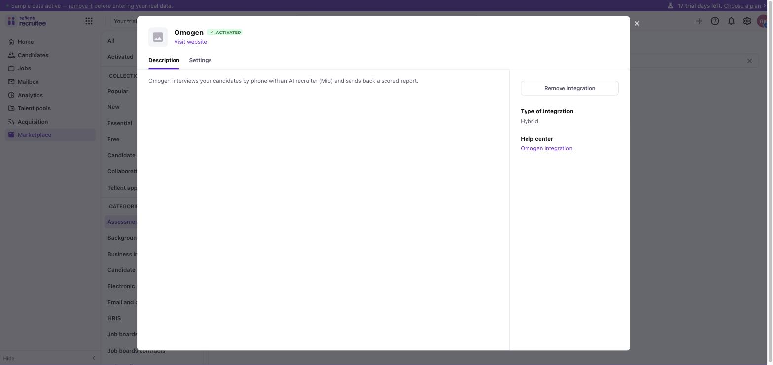 Marketplace Recruitee, Omogen activé