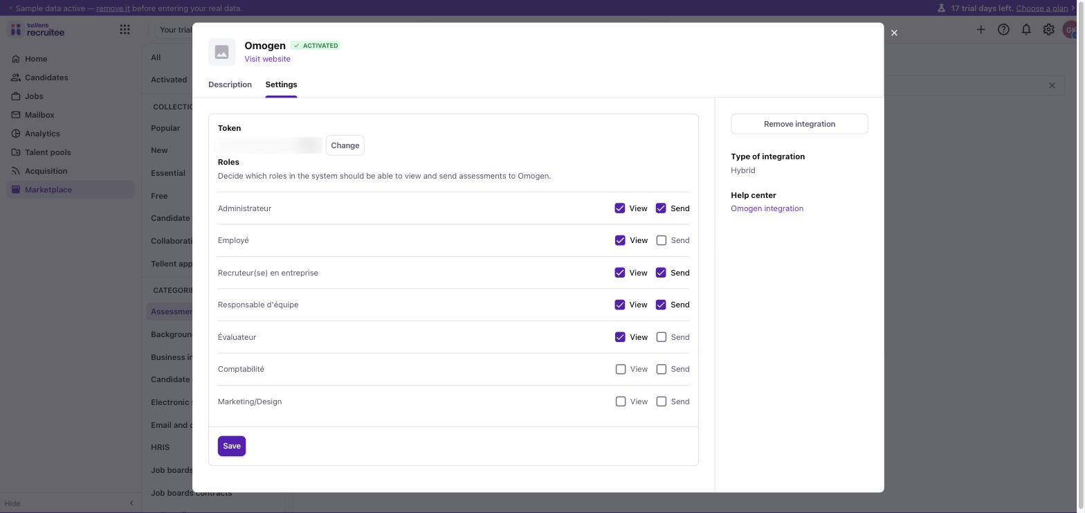 Marketplace Recruitee, réglages Omogen avec le jeton et les rôles