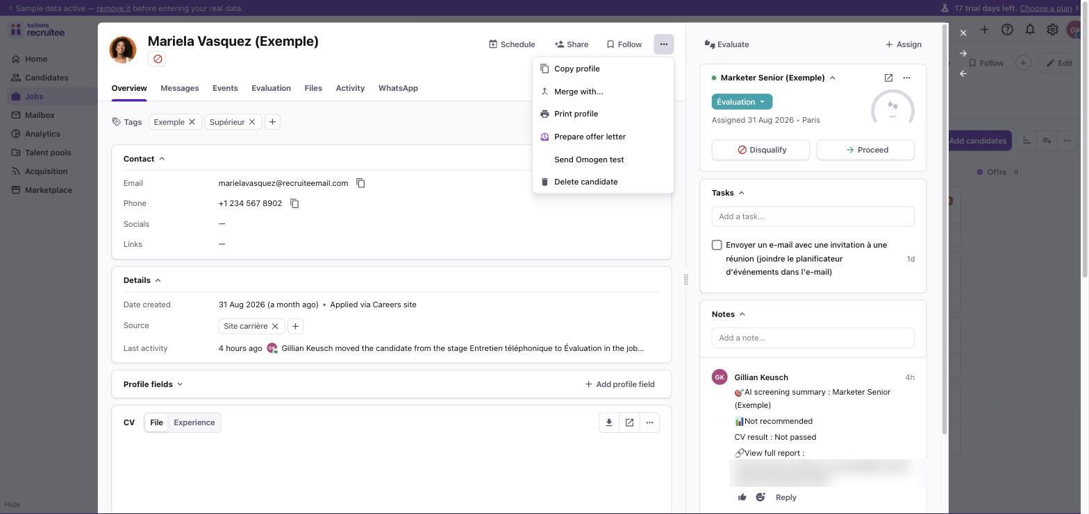 Fiche candidat Recruitee, Send Omogen test dans le menu