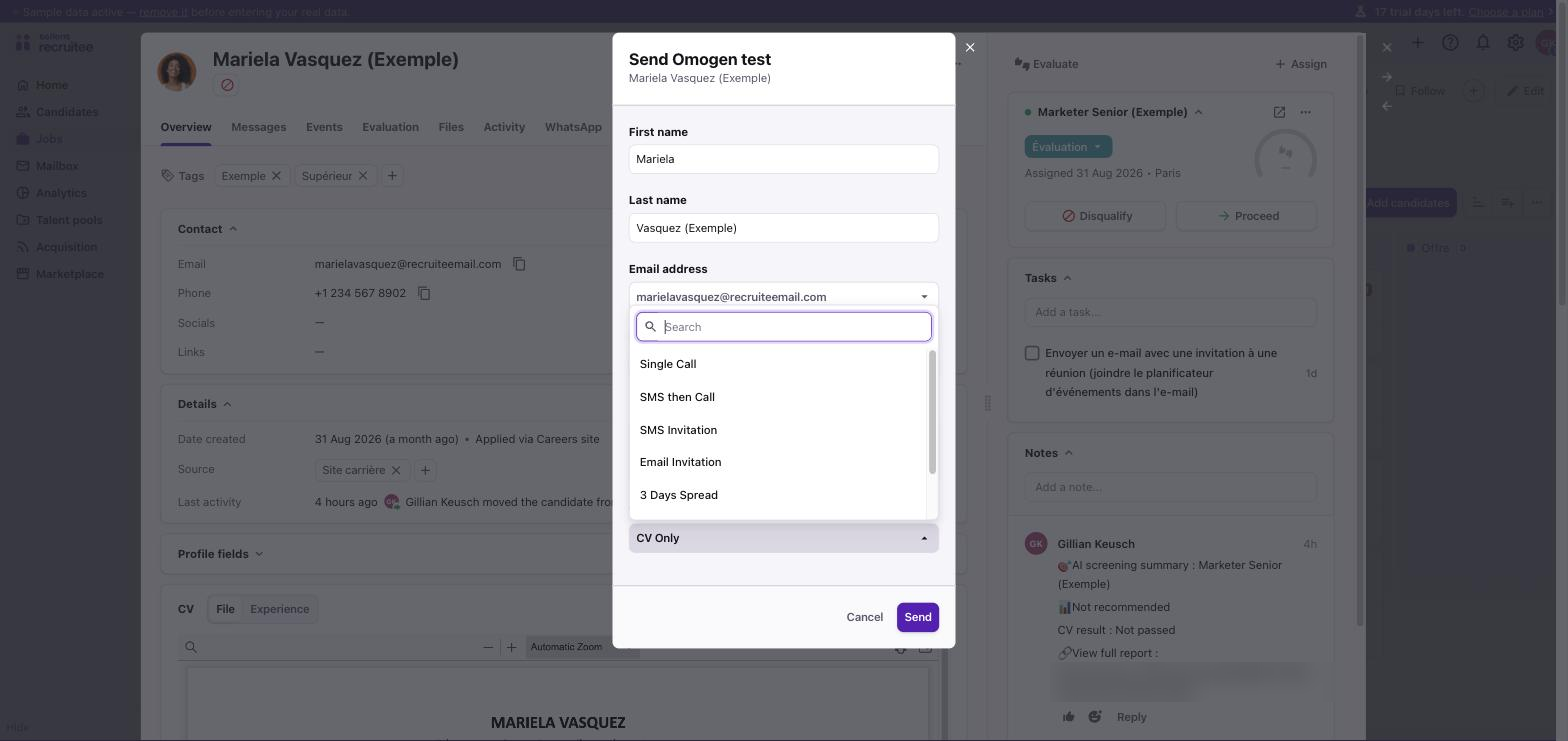 Recruitee, fenêtre Send Omogen test avec la liste des parcours d'entretien