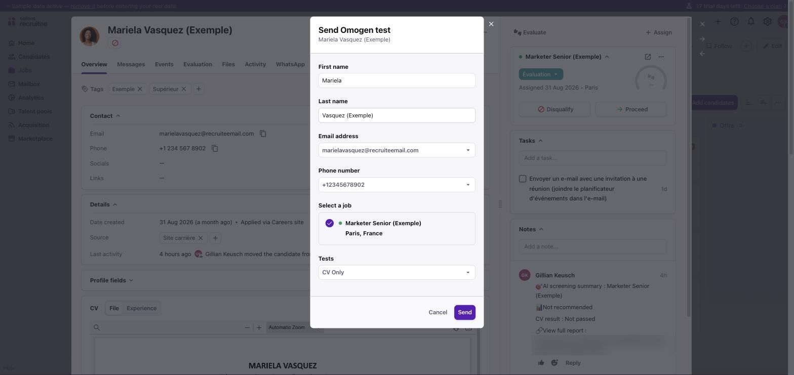 Recruitee, fenêtre Send Omogen test prête à l'envoi