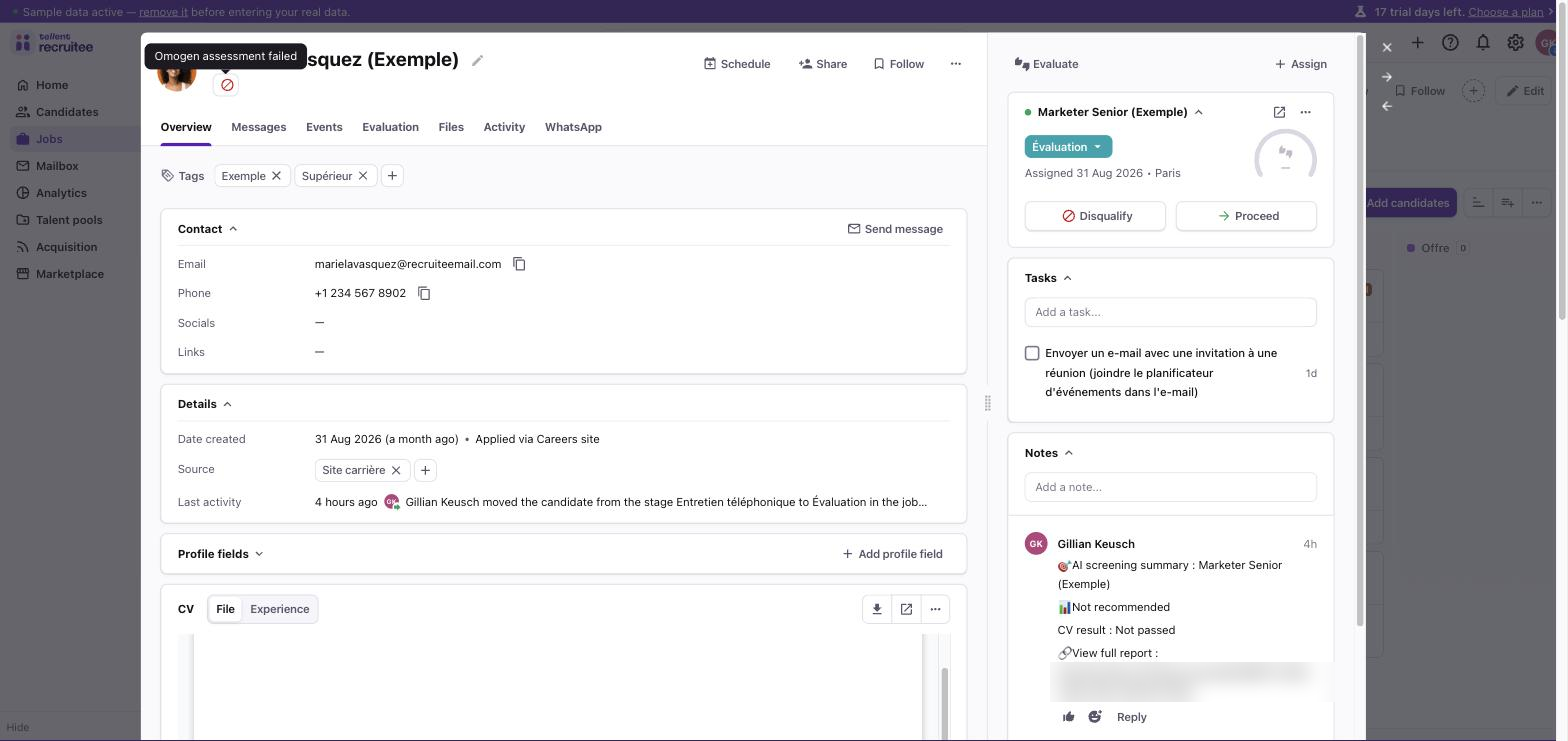 Fiche candidat Recruitee avec le badge Omogen, la note et la nouvelle étape