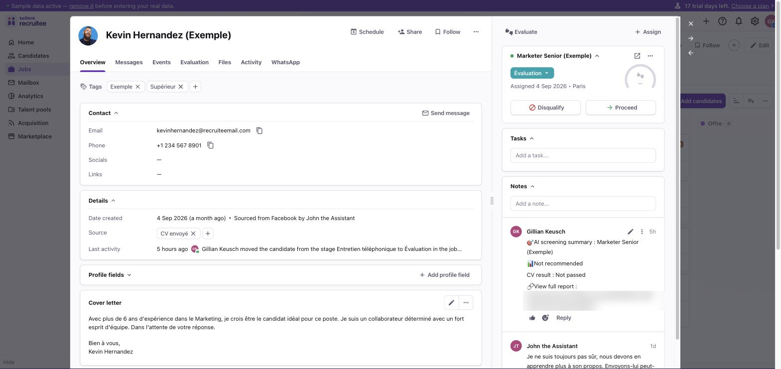 Fiche candidat Recruitee après un lancement par webhook, avec la note Omogen et la nouvelle étape