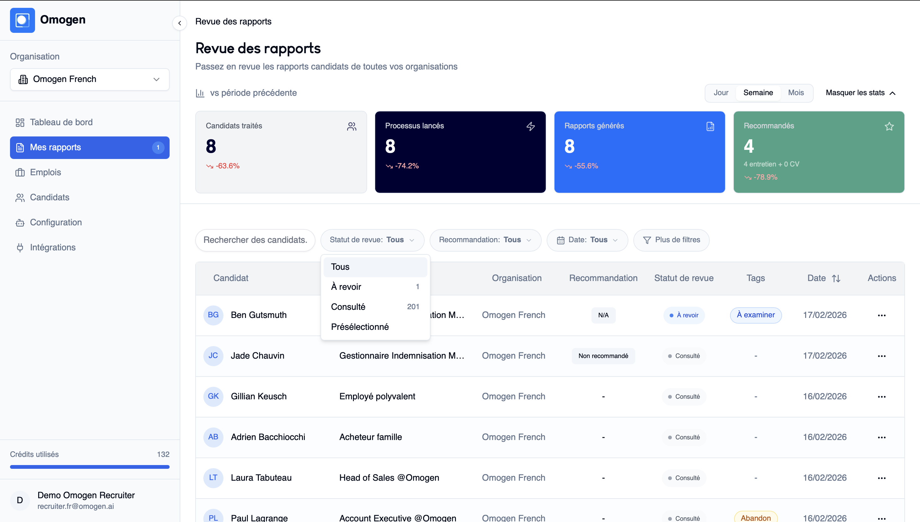Page de revue des rapports Omogen