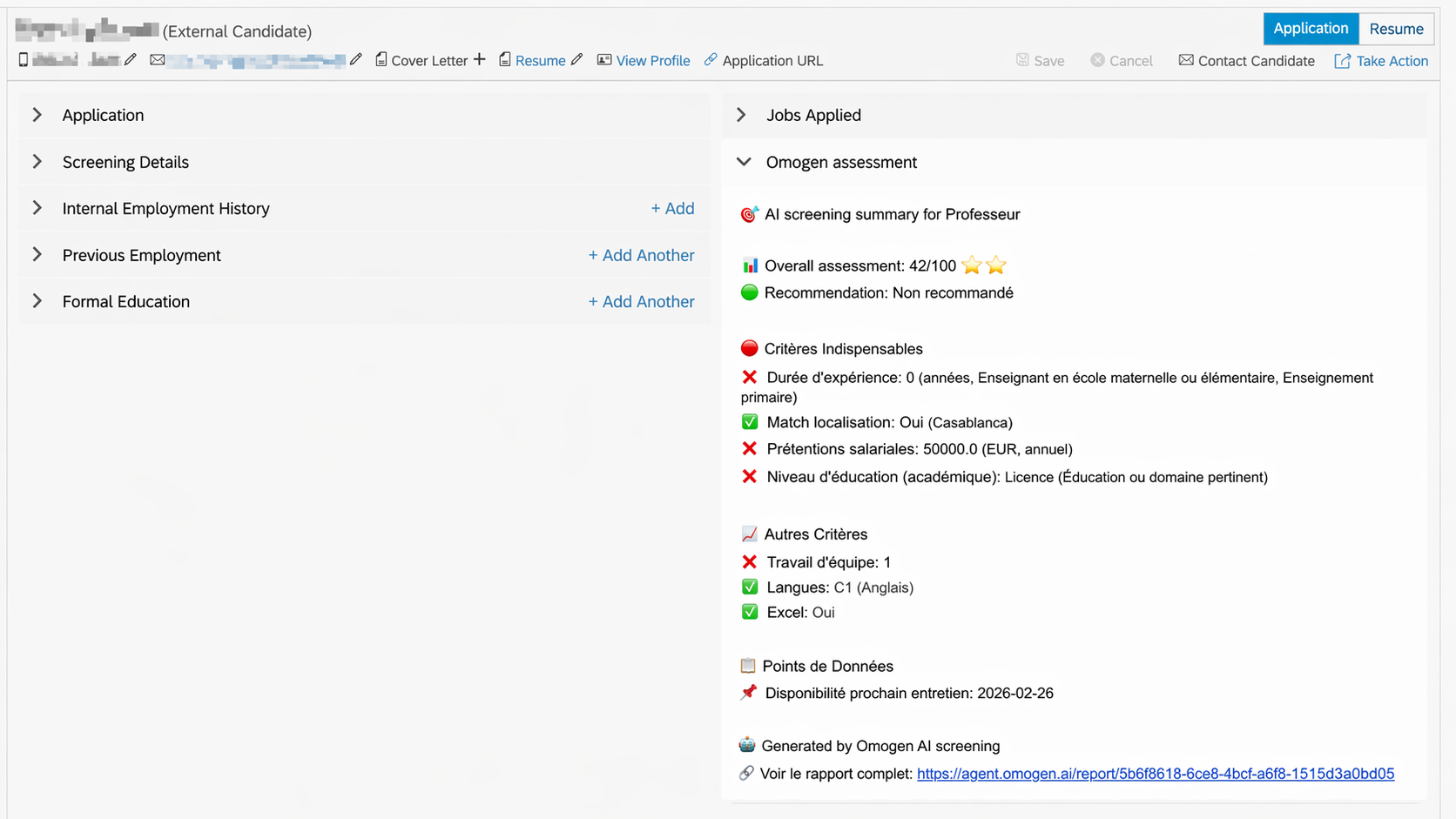 Candidat non recommandé dans SAP SuccessFactors