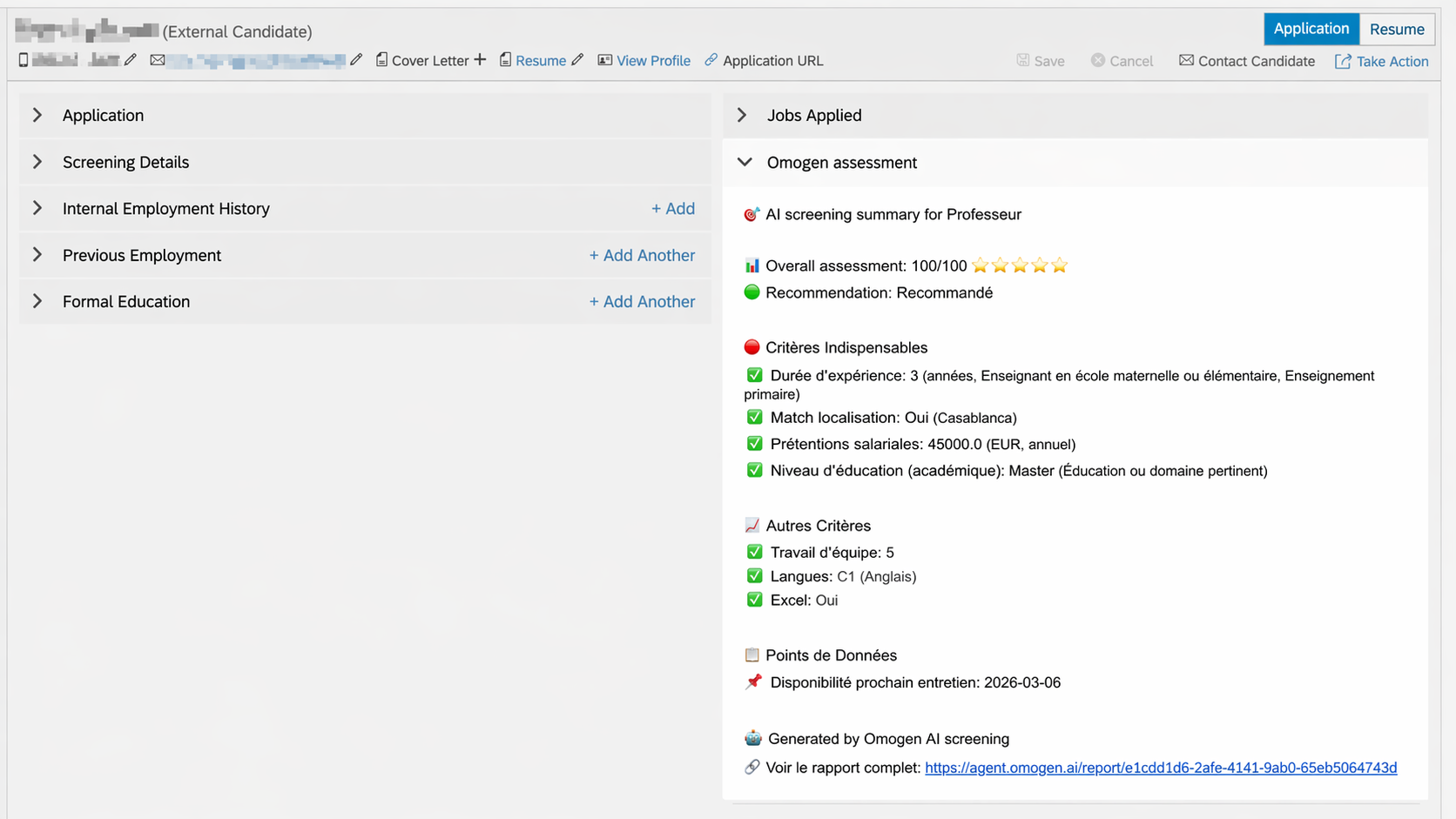 Résultats Omogen dans la fiche candidat SAP SuccessFactors