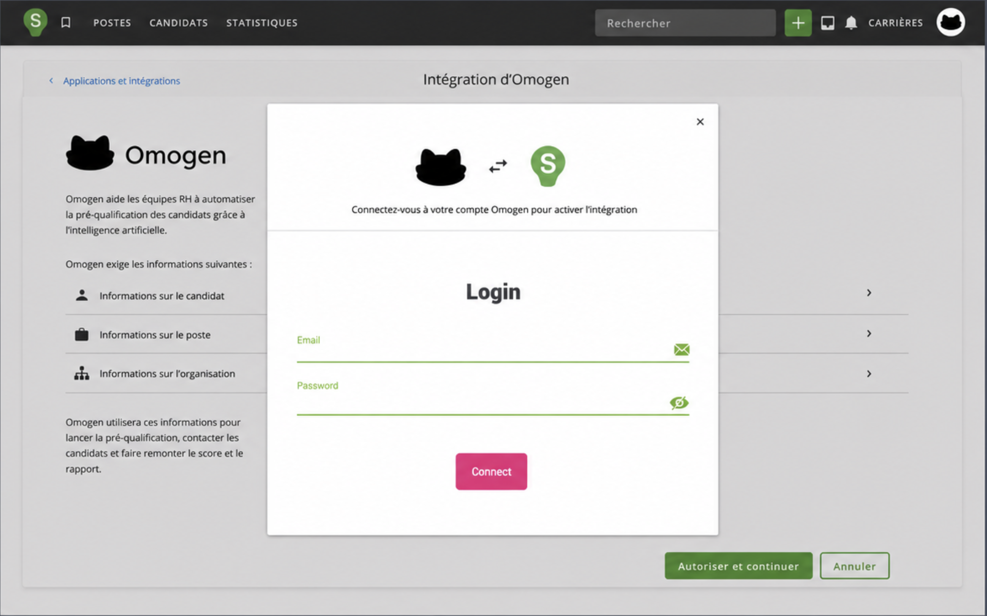 Écran d'autorisation de l'intégration Omogen — informations demandées et connexion au compte Omogen
