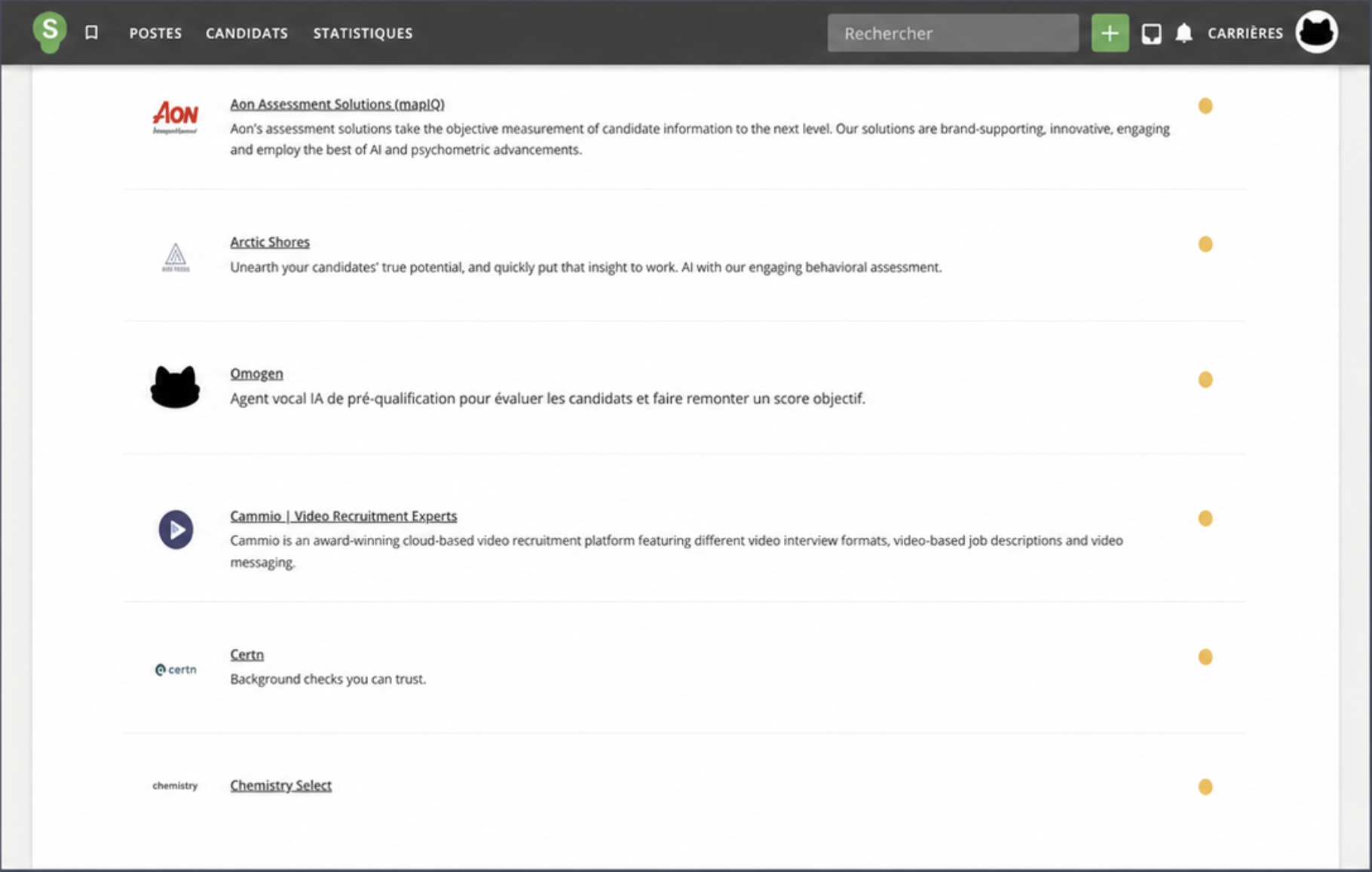Marketplace SmartRecruiters — la ligne Omogen dans la liste "Apps & Integrations"