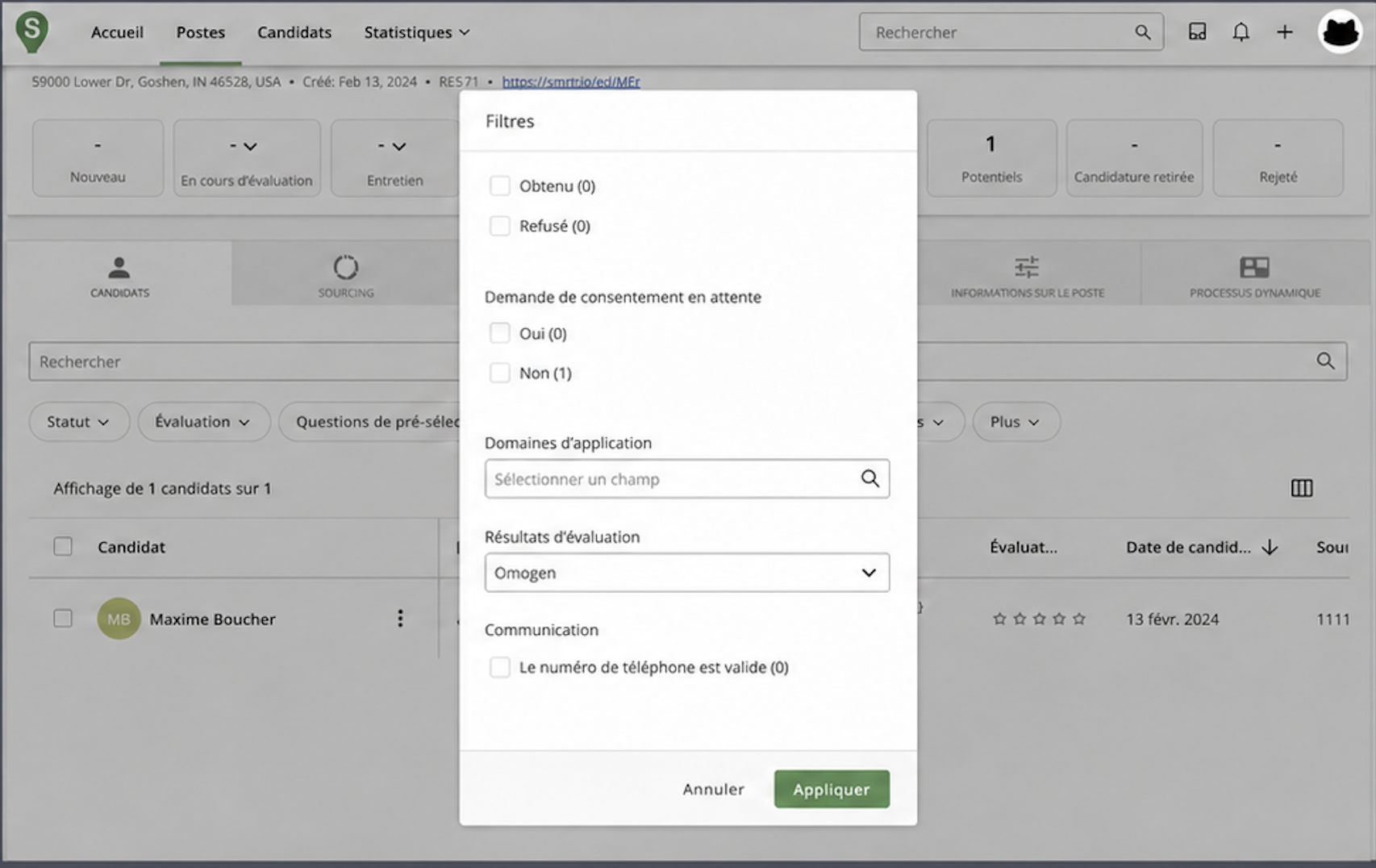 Pop-up Filtres SmartRecruiters — "Résultats d'évaluation" positionné sur Omogen